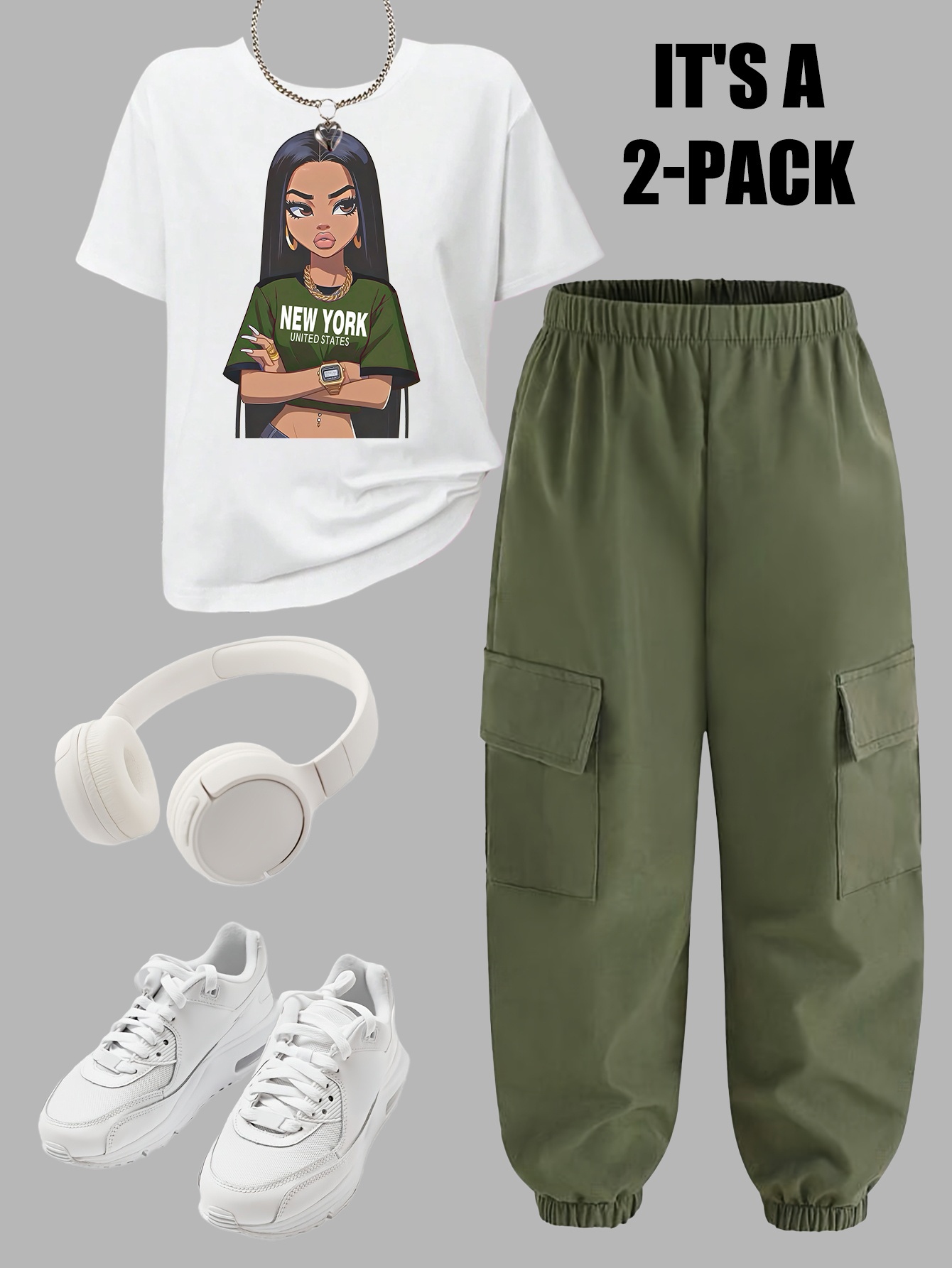 Girls Y2K Graphic T-Shirt Cargo Pants 2-Piece Set Summer - 图片 2