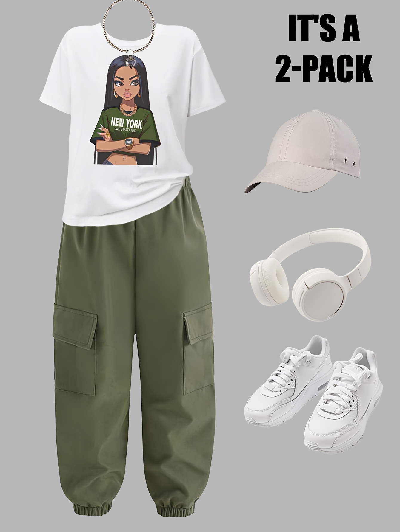Girls Y2K Graphic T-Shirt Cargo Pants 2-Piece Set Summer - 图片 4