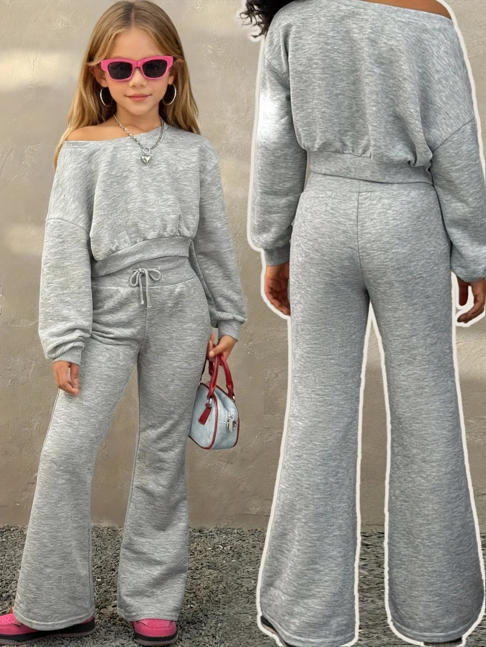 Girls Solid Streetwear Asymmetrical Sweatshirt Flare Pants 2-Piece Set Fall