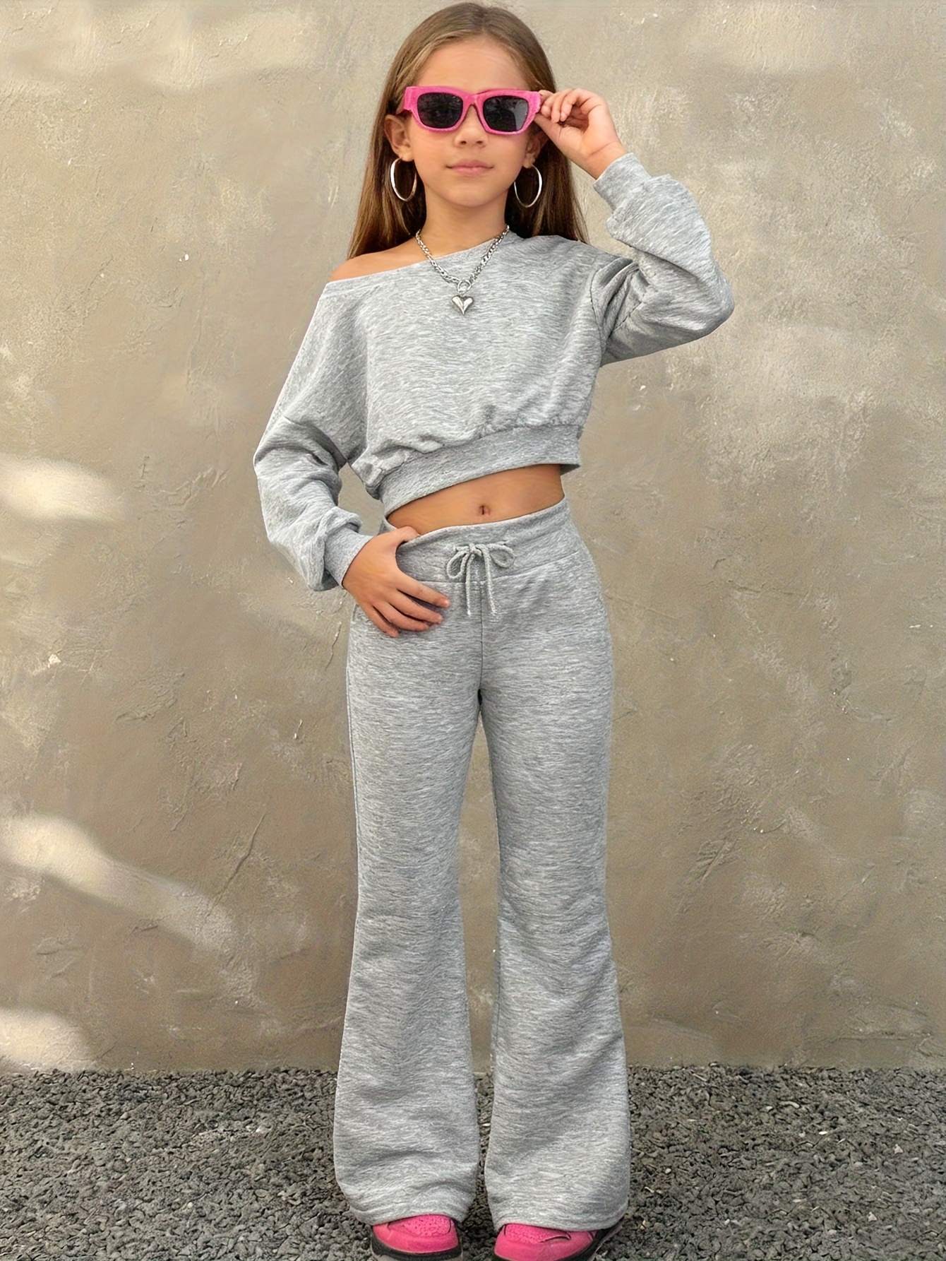 Girls Solid Streetwear Asymmetrical Sweatshirt Flare Pants 2-Piece Set Fall - 图片 2