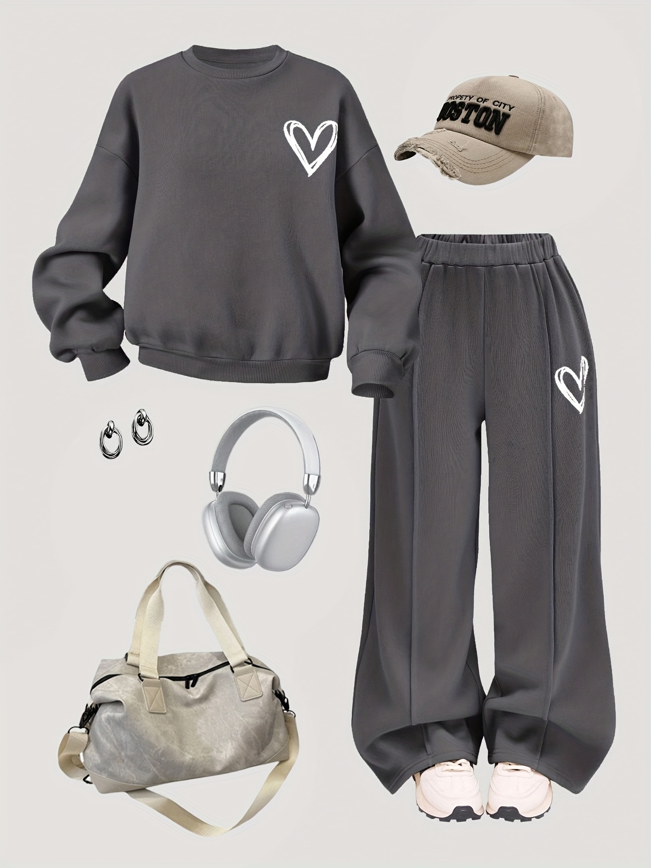 Girls Heart Graphic K-Pop Sweatshirt Sweatpants 2-Piece Set Fall Winter - 图片 3