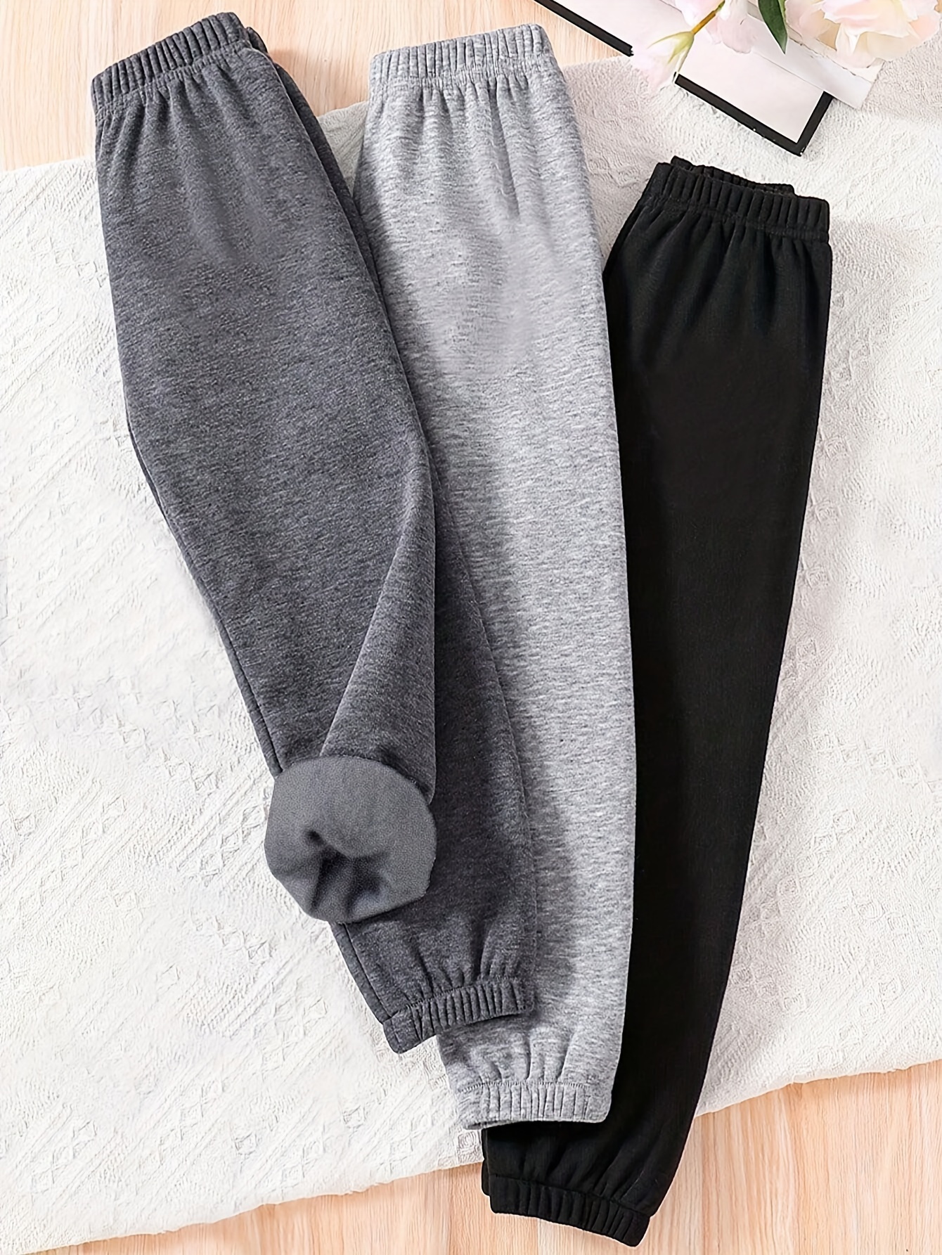 Girls Letter Print Fleece Sweatpants Fall Winter - 图片 3