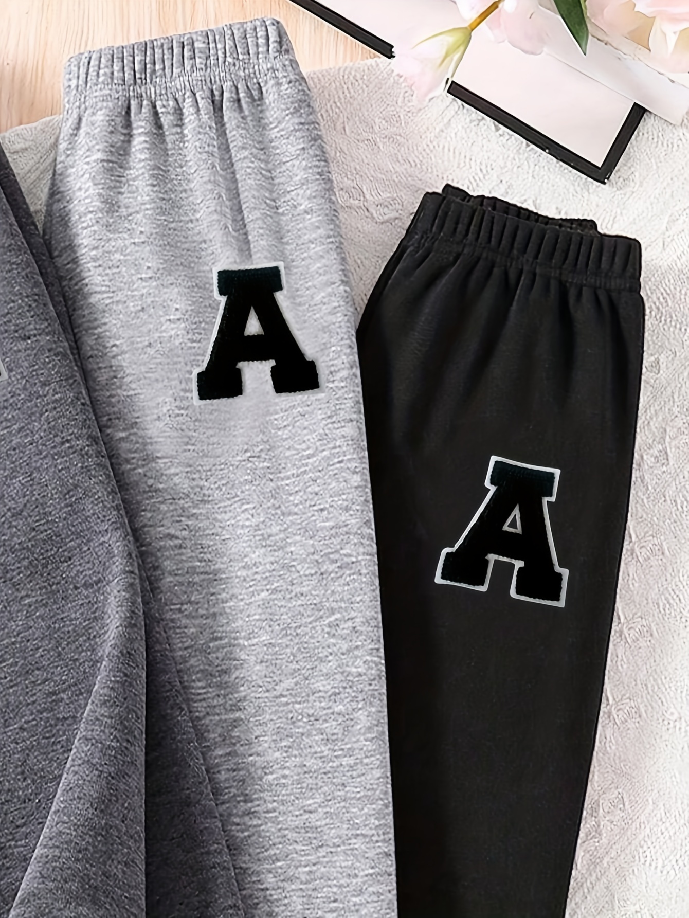 Girls Letter Print Fleece Sweatpants Fall Winter - 图片 4