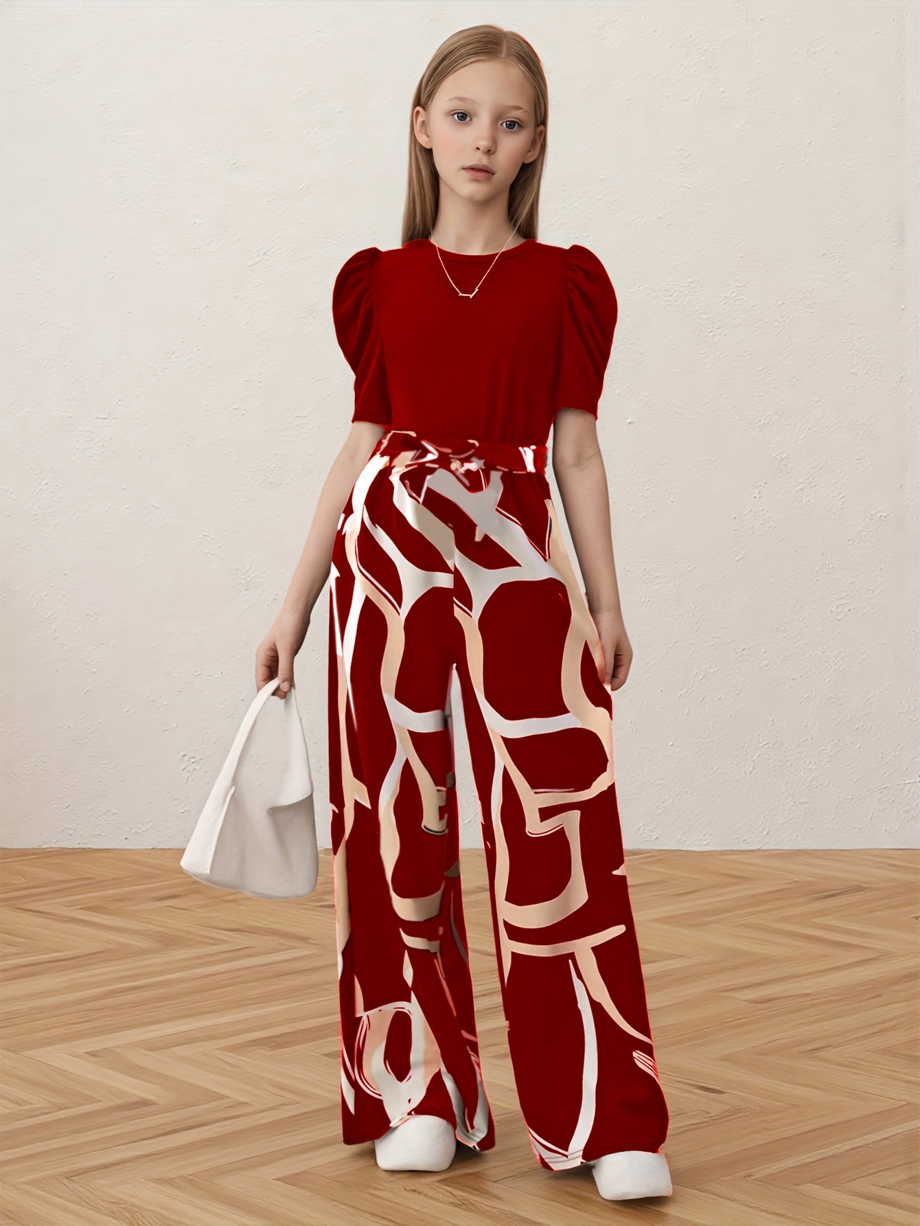 Girls Geometric Print T-Shirt Wide Leg Pants 2-Piece Set Spring Summer - 图片 3