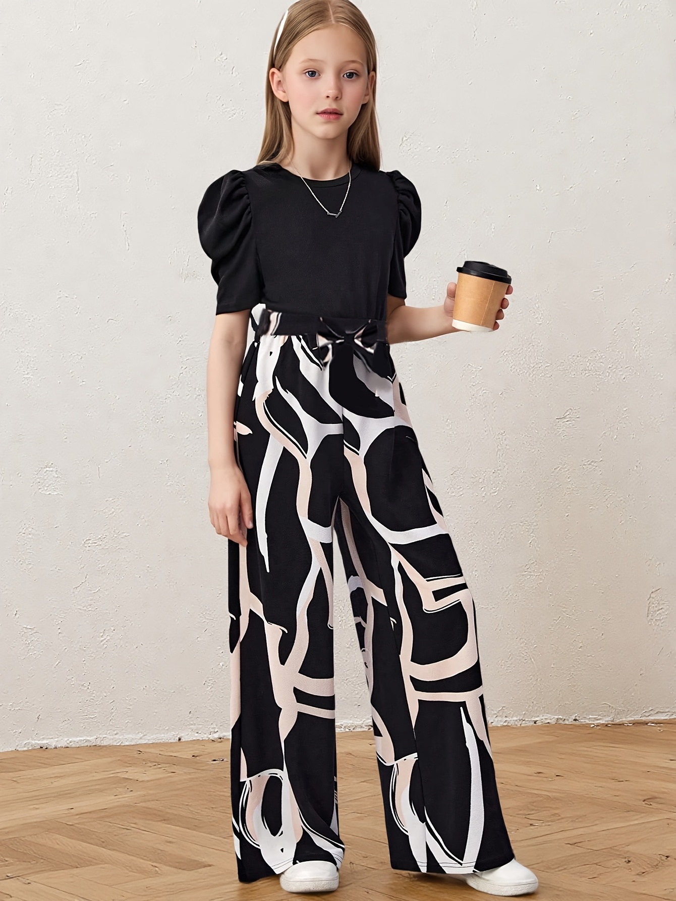 Girls Geometric Print T-Shirt Wide Leg Pants 2-Piece Set Spring Summer - 图片 23