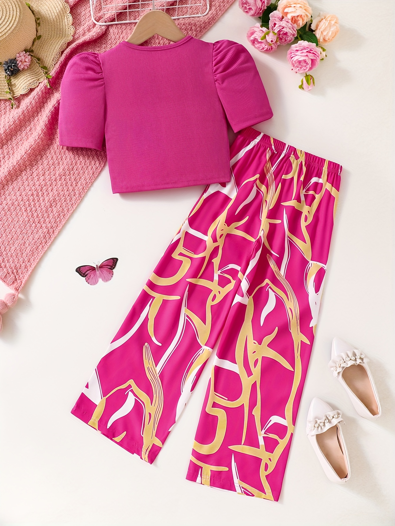 Girls Geometric Print T-Shirt Wide Leg Pants 2-Piece Set Spring Summer - 图片 18