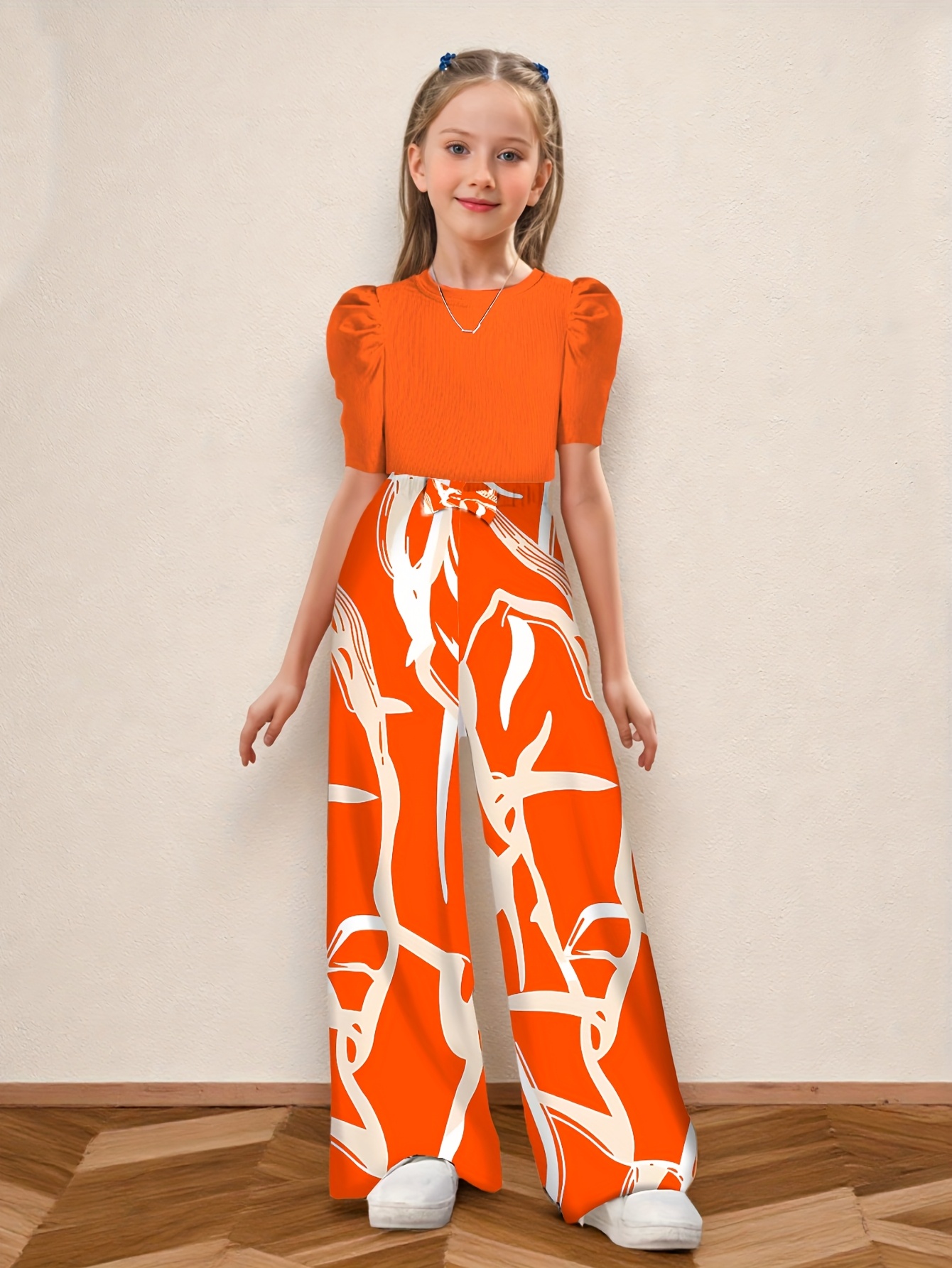 Girls Geometric Print T-Shirt Wide Leg Pants 2-Piece Set Spring Summer - 图片 2