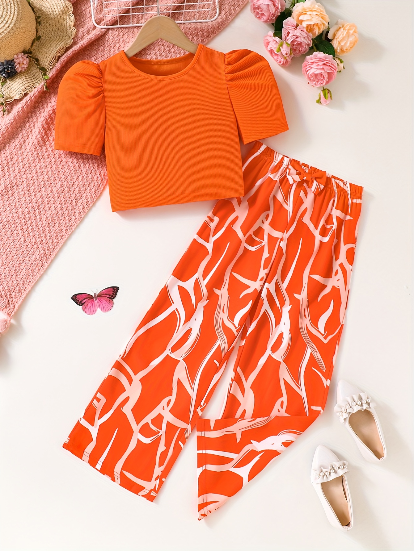 Girls Geometric Print T-Shirt Wide Leg Pants 2-Piece Set Spring Summer - 图片 12