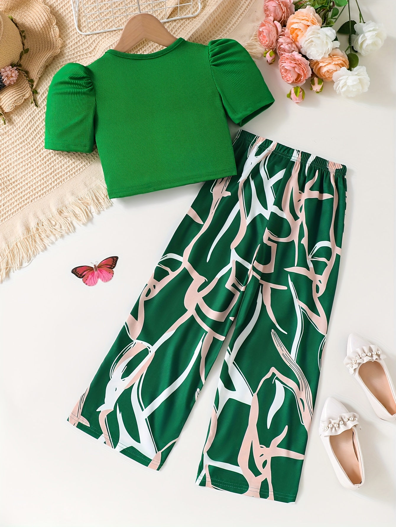 Girls Geometric Print T-Shirt Wide Leg Pants 2-Piece Set Spring Summer - 图片 7