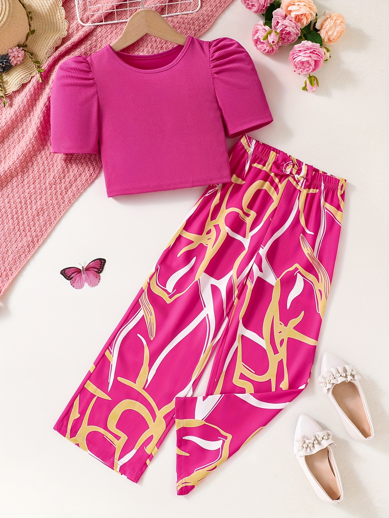 Girls Geometric Print T-Shirt Wide Leg Pants 2-Piece Set Spring Summer - 图片 17