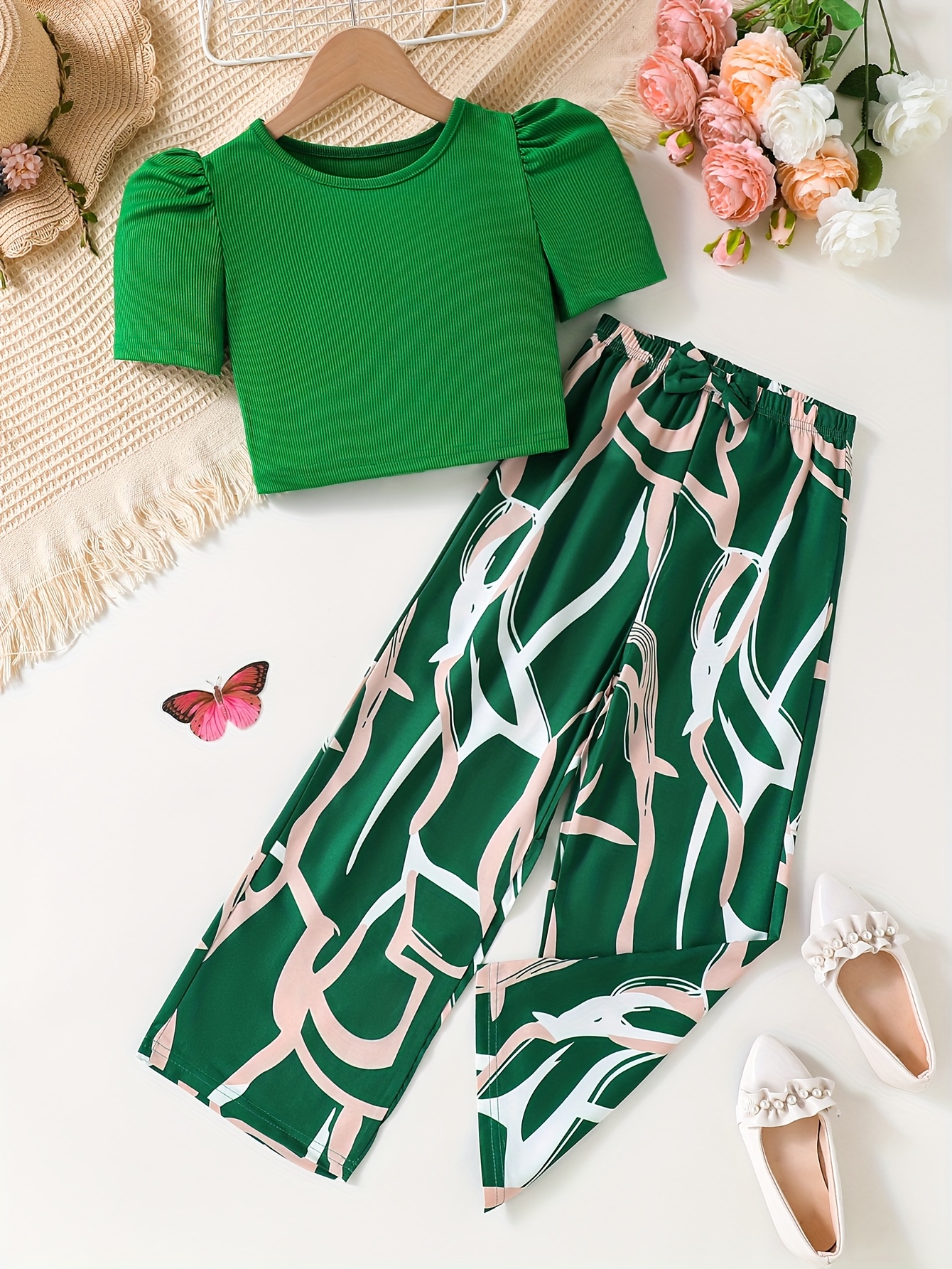 Girls Geometric Print T-Shirt Wide Leg Pants 2-Piece Set Spring Summer - 图片 6