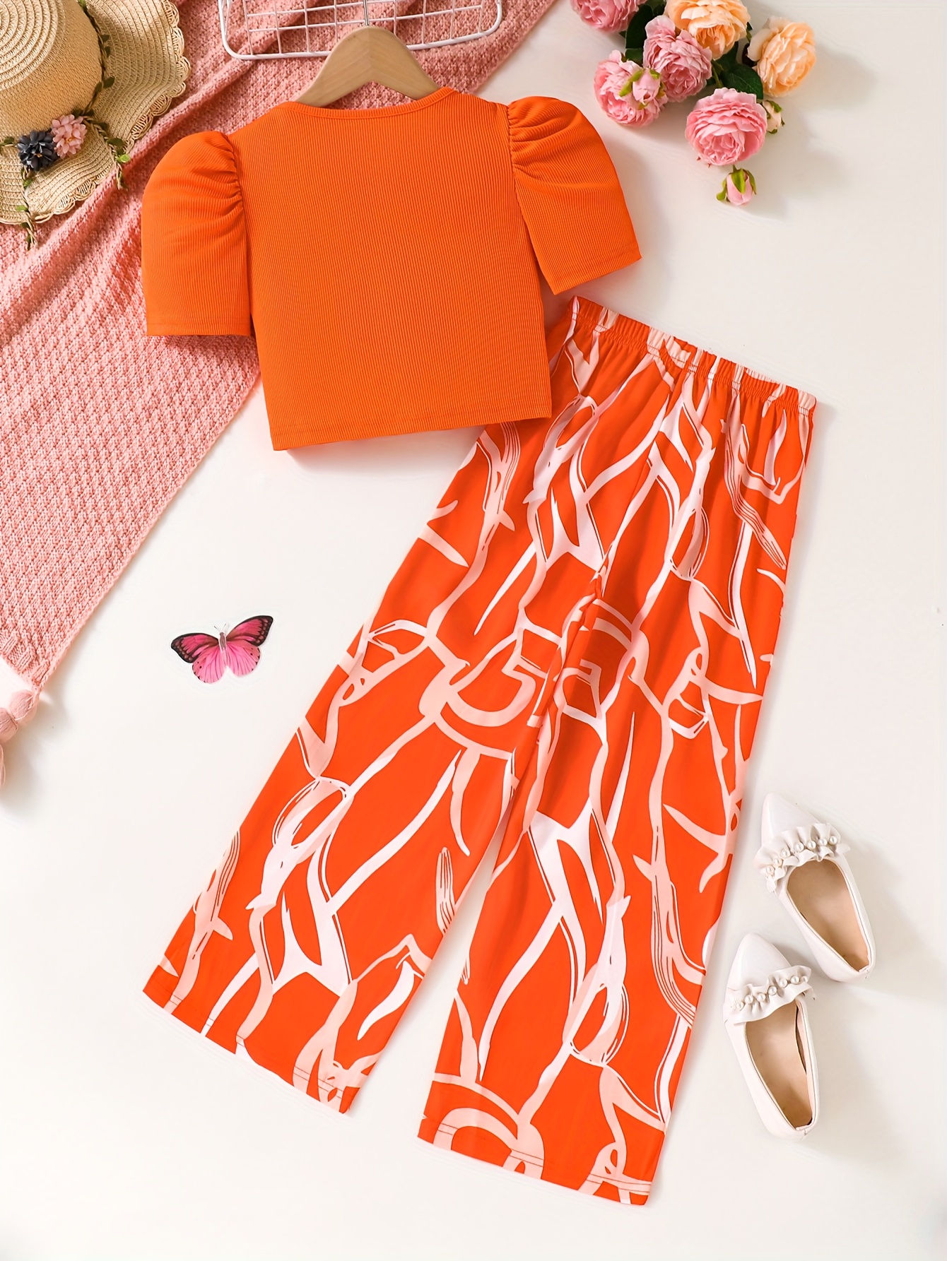 Girls Geometric Print T-Shirt Wide Leg Pants 2-Piece Set Spring Summer - 图片 13