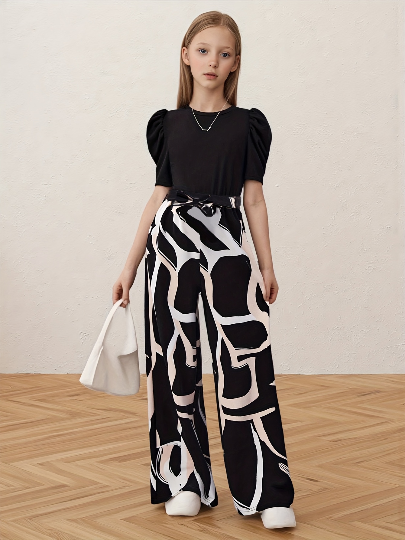 Girls Geometric Print T-Shirt Wide Leg Pants 2-Piece Set Spring Summer - 图片 5