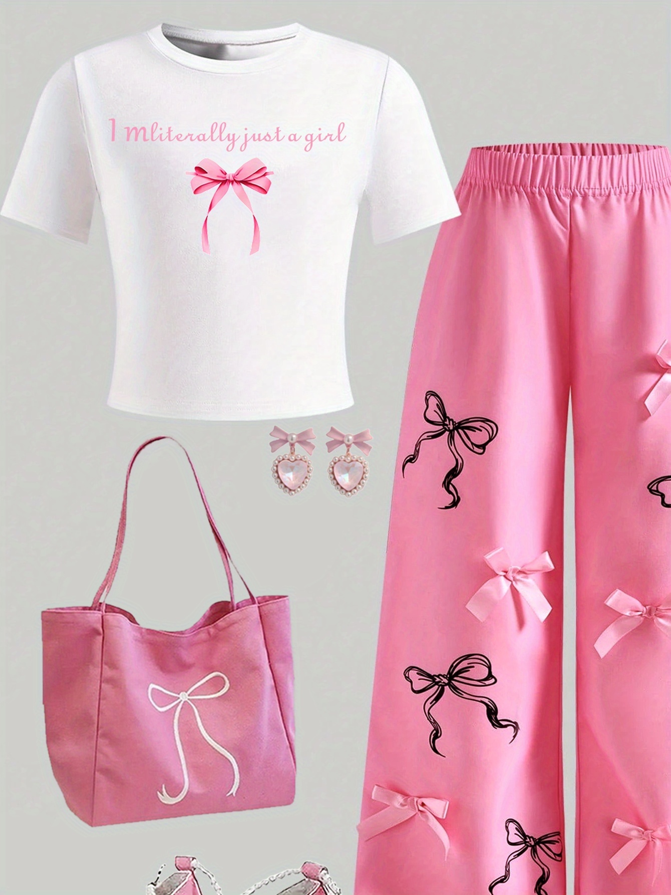 Girls Letter Print Bow T-Shirt Bow Wide Leg Pants 2-Piece Set All Season - 图片 5