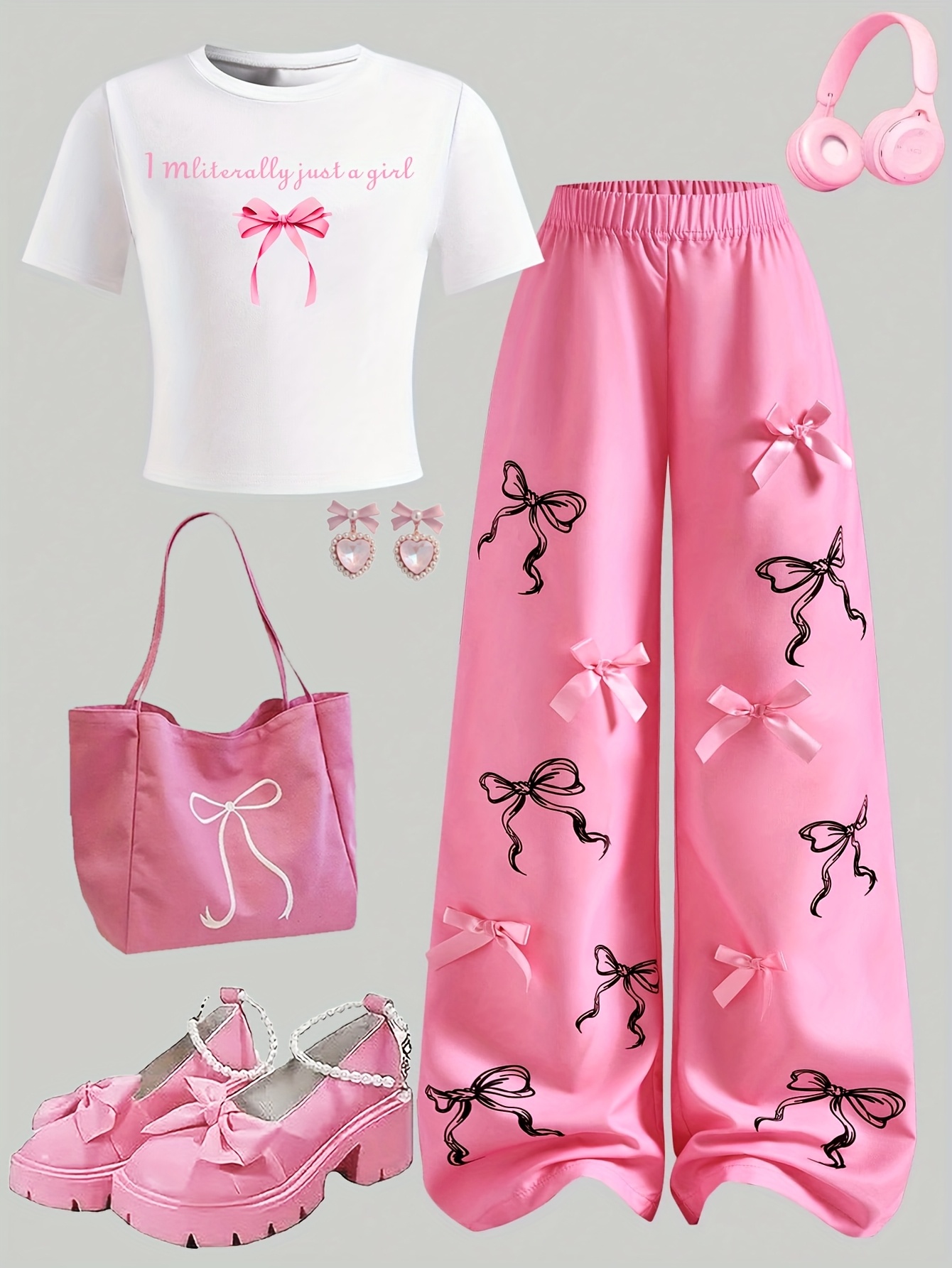Girls Letter Print Bow T-Shirt Bow Wide Leg Pants 2-Piece Set All Season - 图片 2