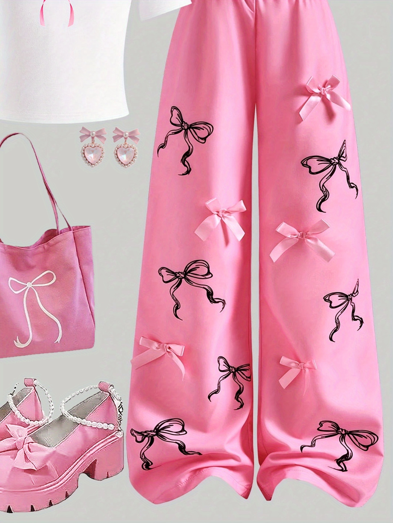 Girls Letter Print Bow T-Shirt Bow Wide Leg Pants 2-Piece Set All Season - 图片 4