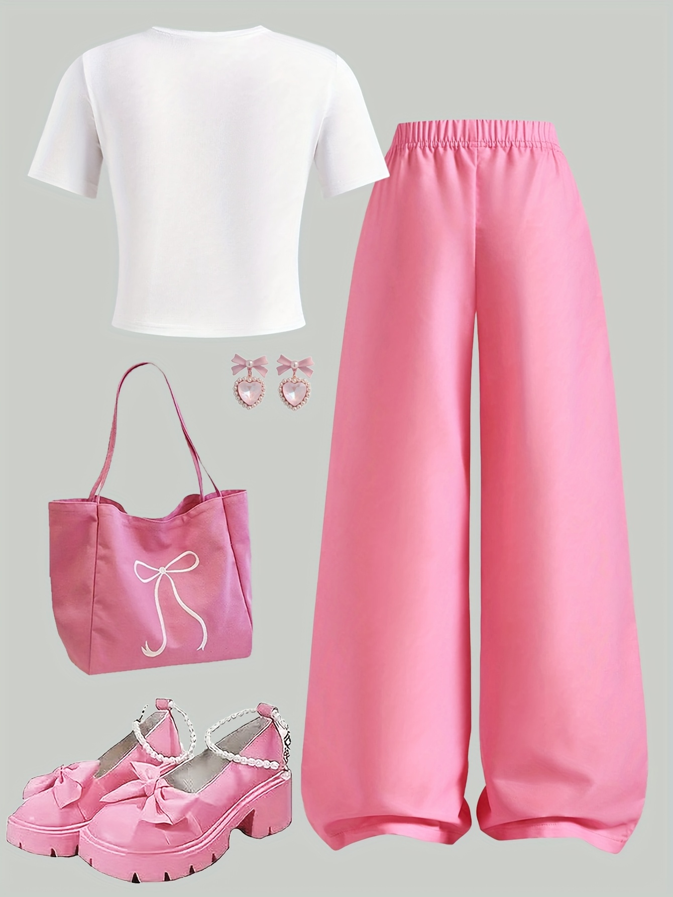 Girls Letter Print Bow T-Shirt Bow Wide Leg Pants 2-Piece Set All Season - 图片 3