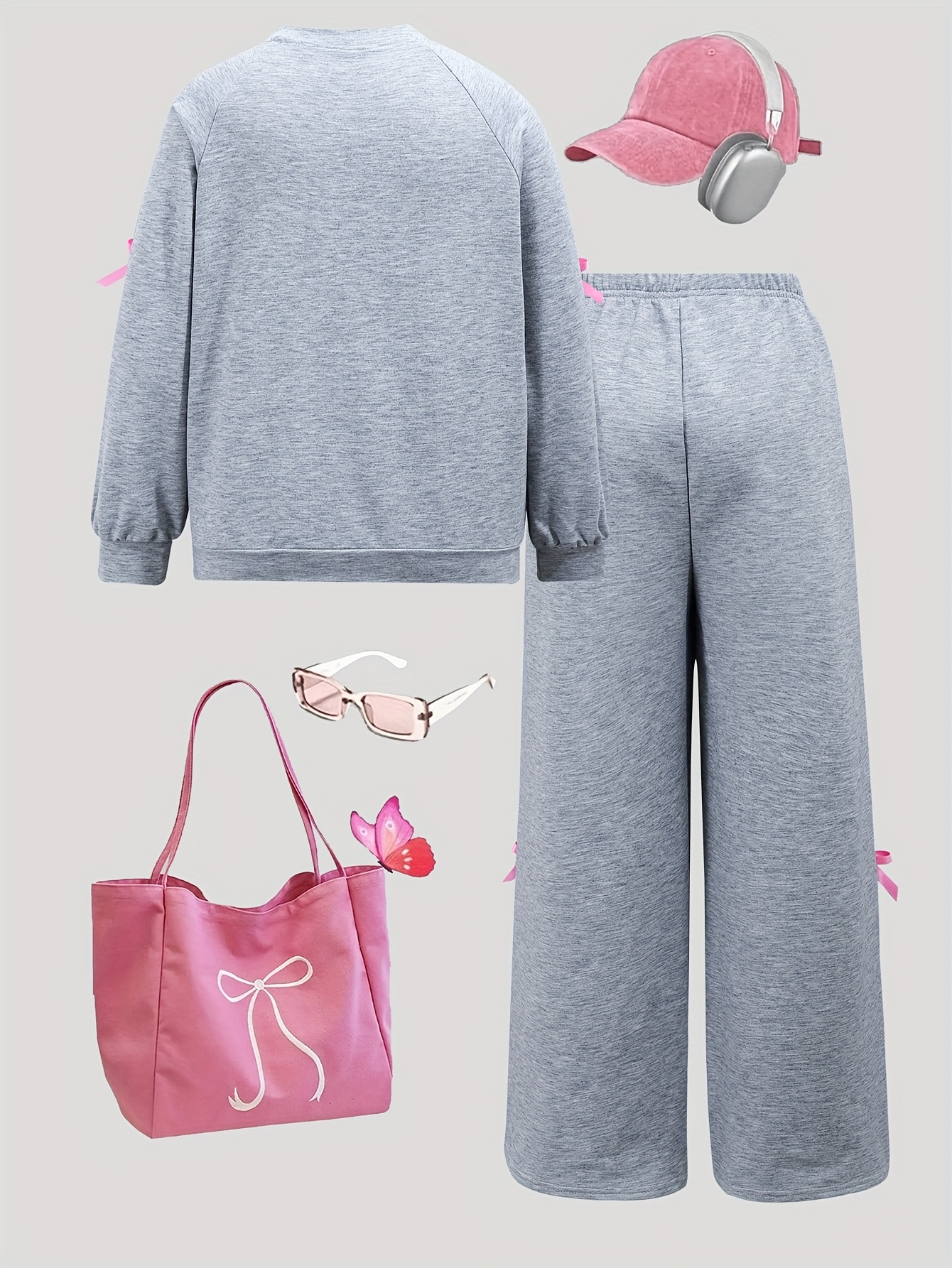 Girls Bow Solid Sweatshirt Wide Leg Pants 2-Piece Set Fall - 图片 2