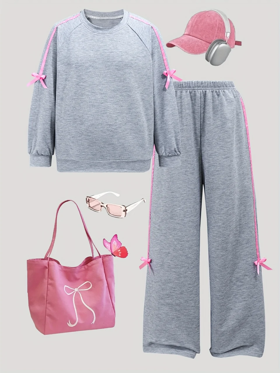 Girls Bow Solid Sweatshirt Wide Leg Pants 2-Piece Set Fall