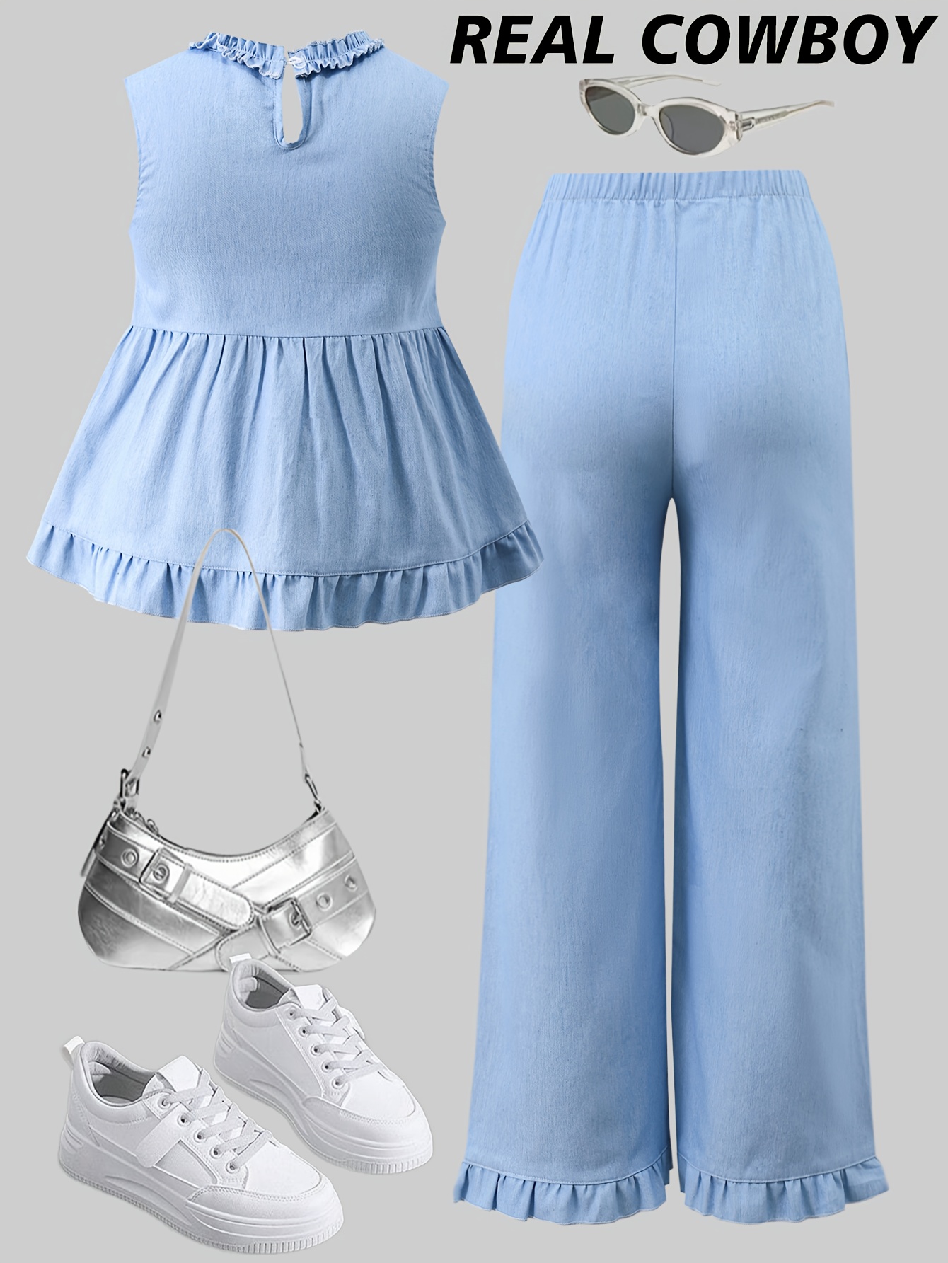 Girls Denim Ruffle Denim Top Jeans 2-Piece Set All Season - 图片 3