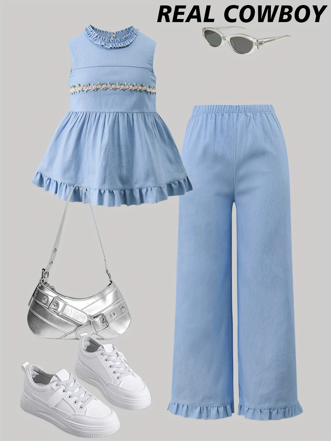 Girls Denim Ruffle Denim Top Jeans 2-Piece Set All Season - 图片 2
