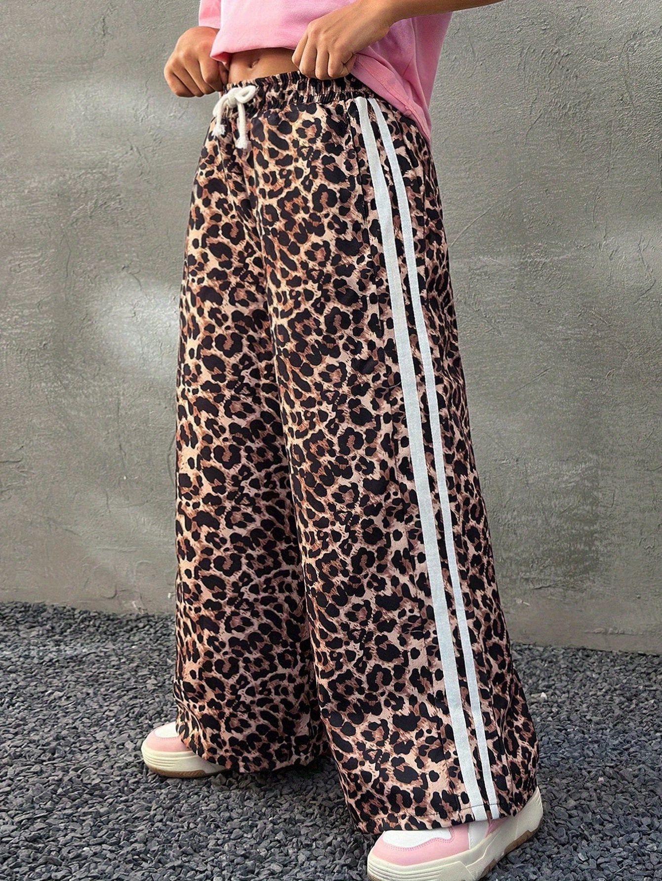 Girls Leopard Print Loose Fit Leopard Wide Leg Pants Spring Summer - 图片 2