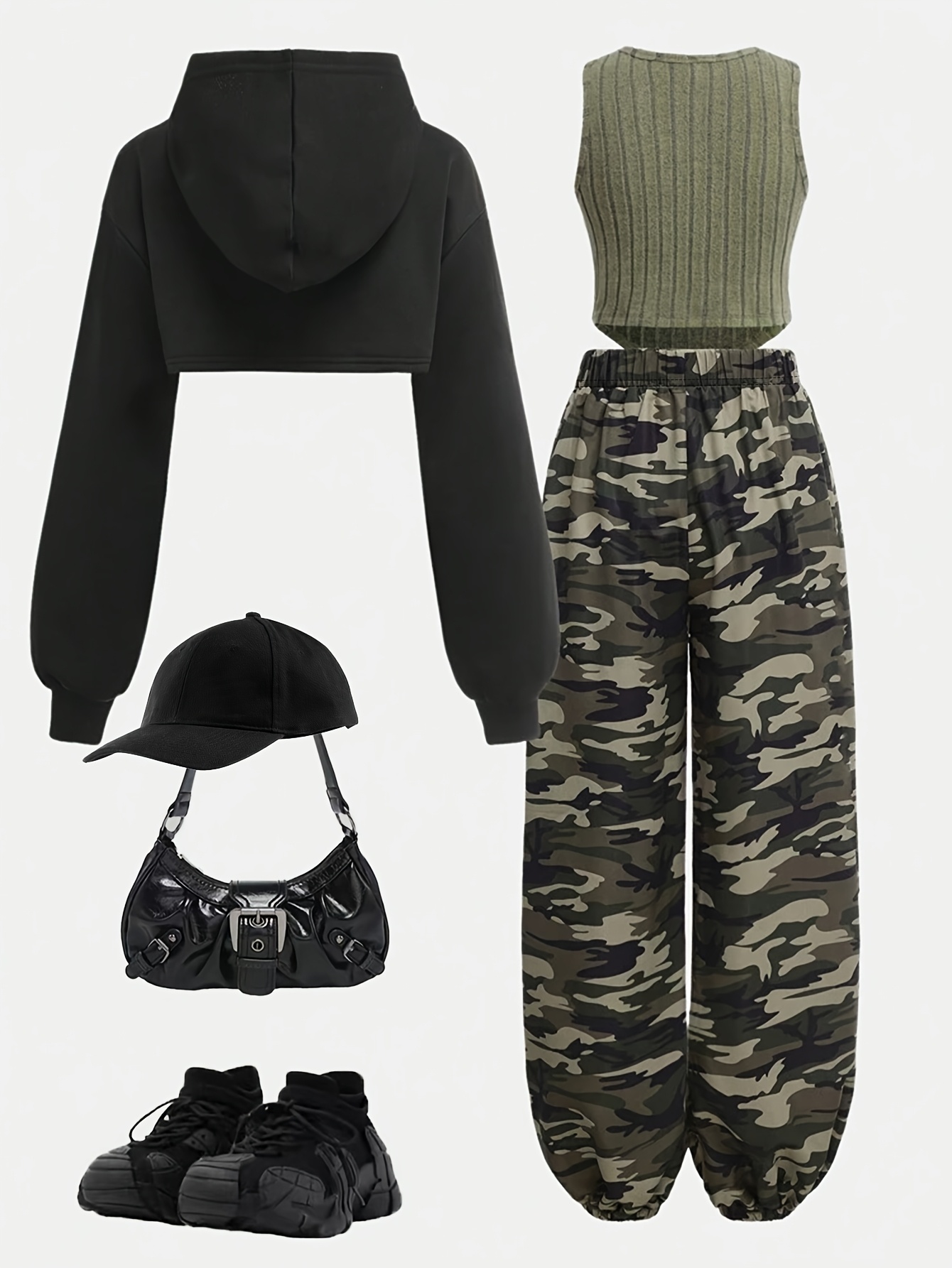 Girls Camouflage Streetwear Hoodie Cami Cargo Pants 3-Piece Set Fall Winter - 图片 2