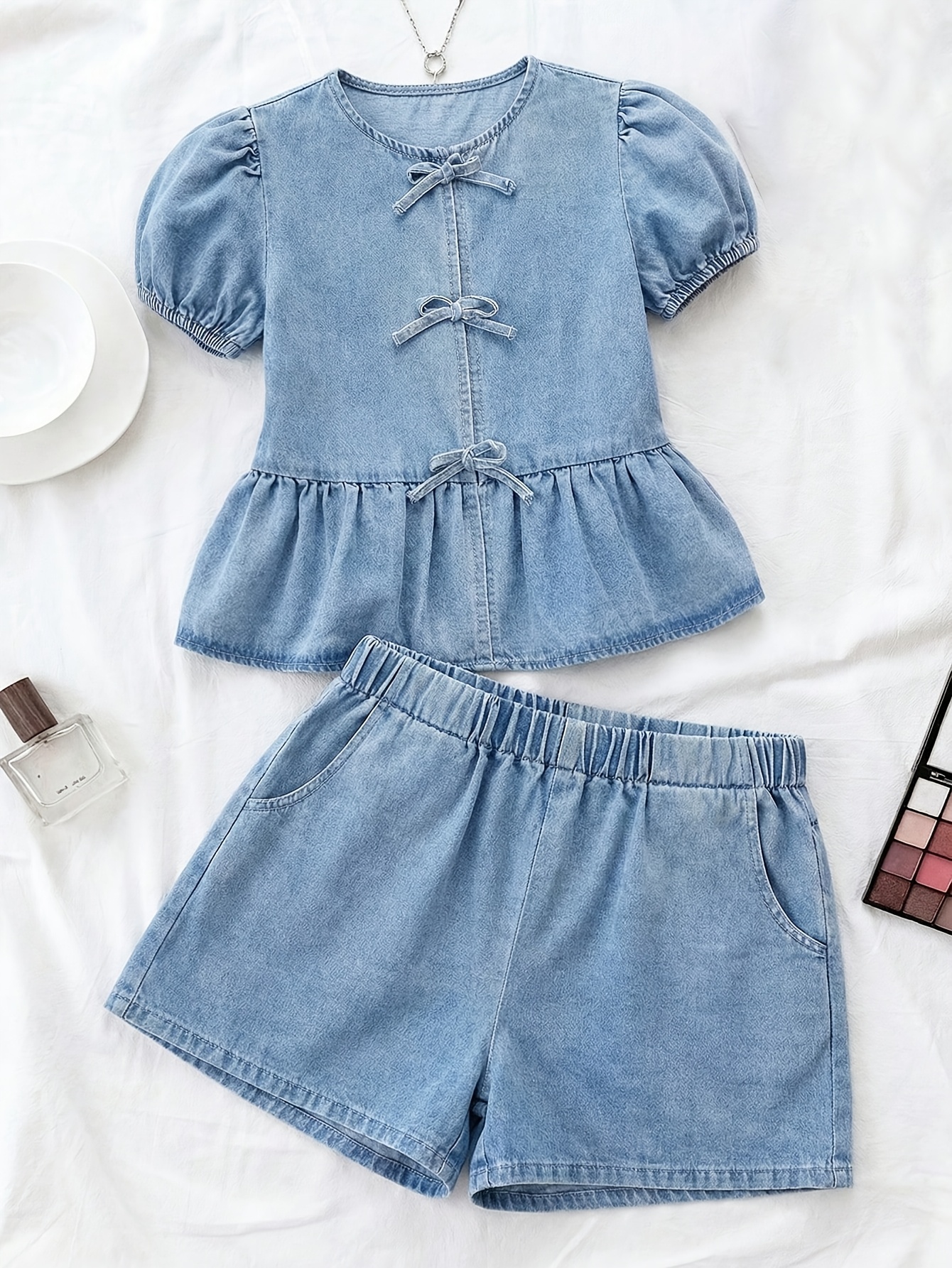 Girls Bow Denim Denim Top Shorts 2-Piece Set Spring Summer - 图片 2