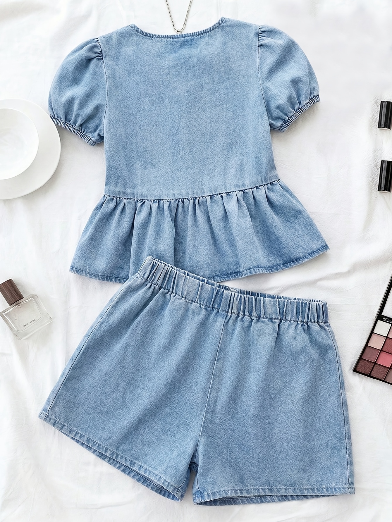 Girls Bow Denim Denim Top Shorts 2-Piece Set Spring Summer - 图片 3