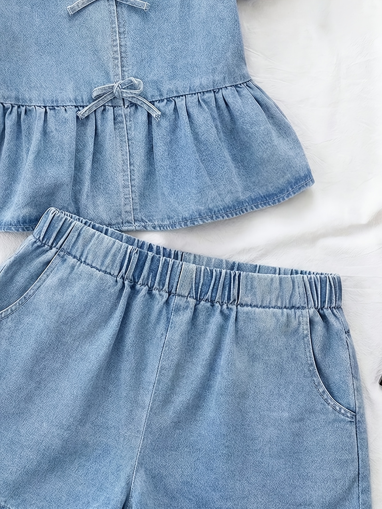 Girls Bow Denim Denim Top Shorts 2-Piece Set Spring Summer - 图片 6