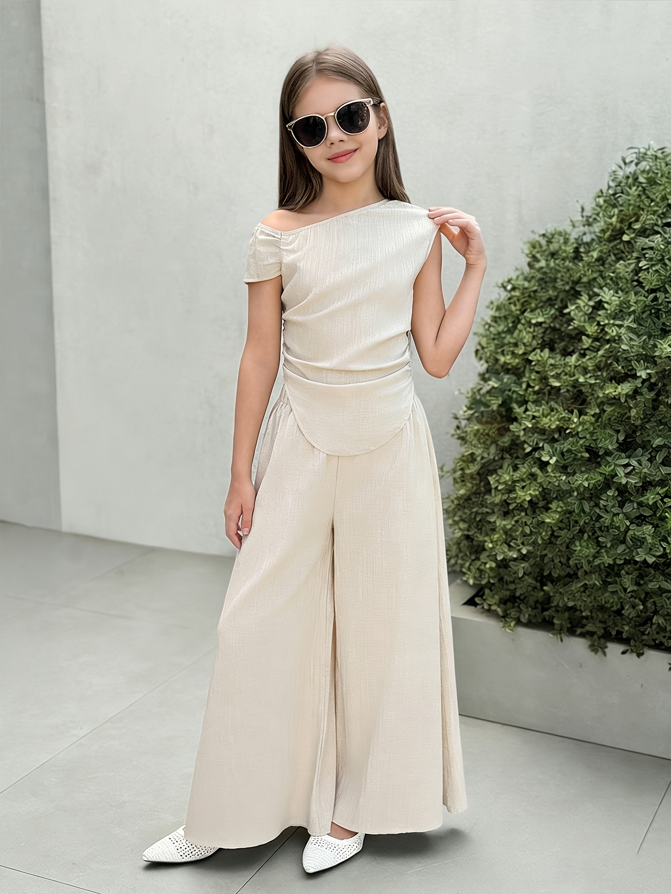 Girls Solid Asymmetrical Top Wide Leg Pants 2-Piece Set Spring Summer - 图片 2