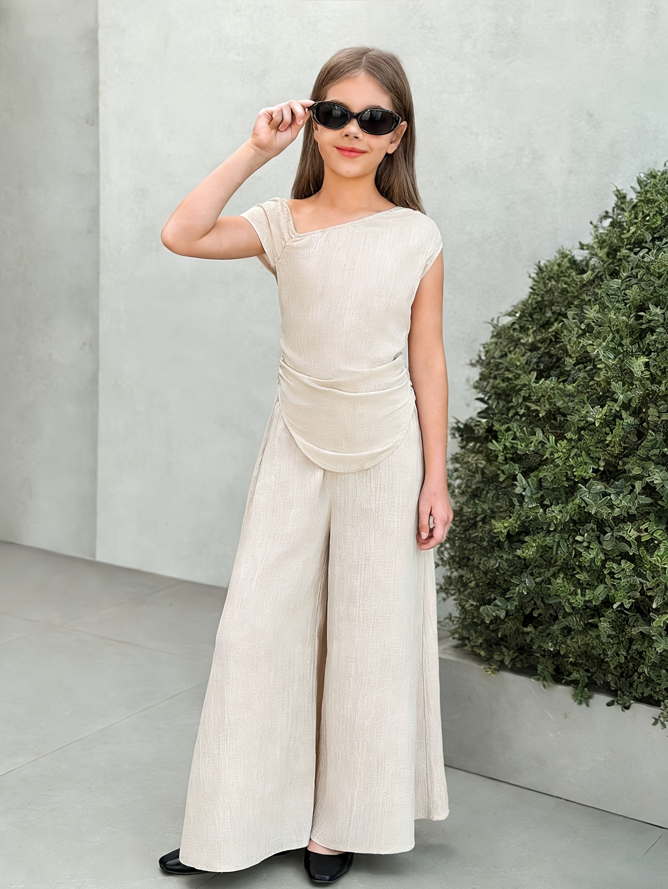 Girls Solid Asymmetrical Top Wide Leg Pants 2-Piece Set Spring Summer - 图片 3