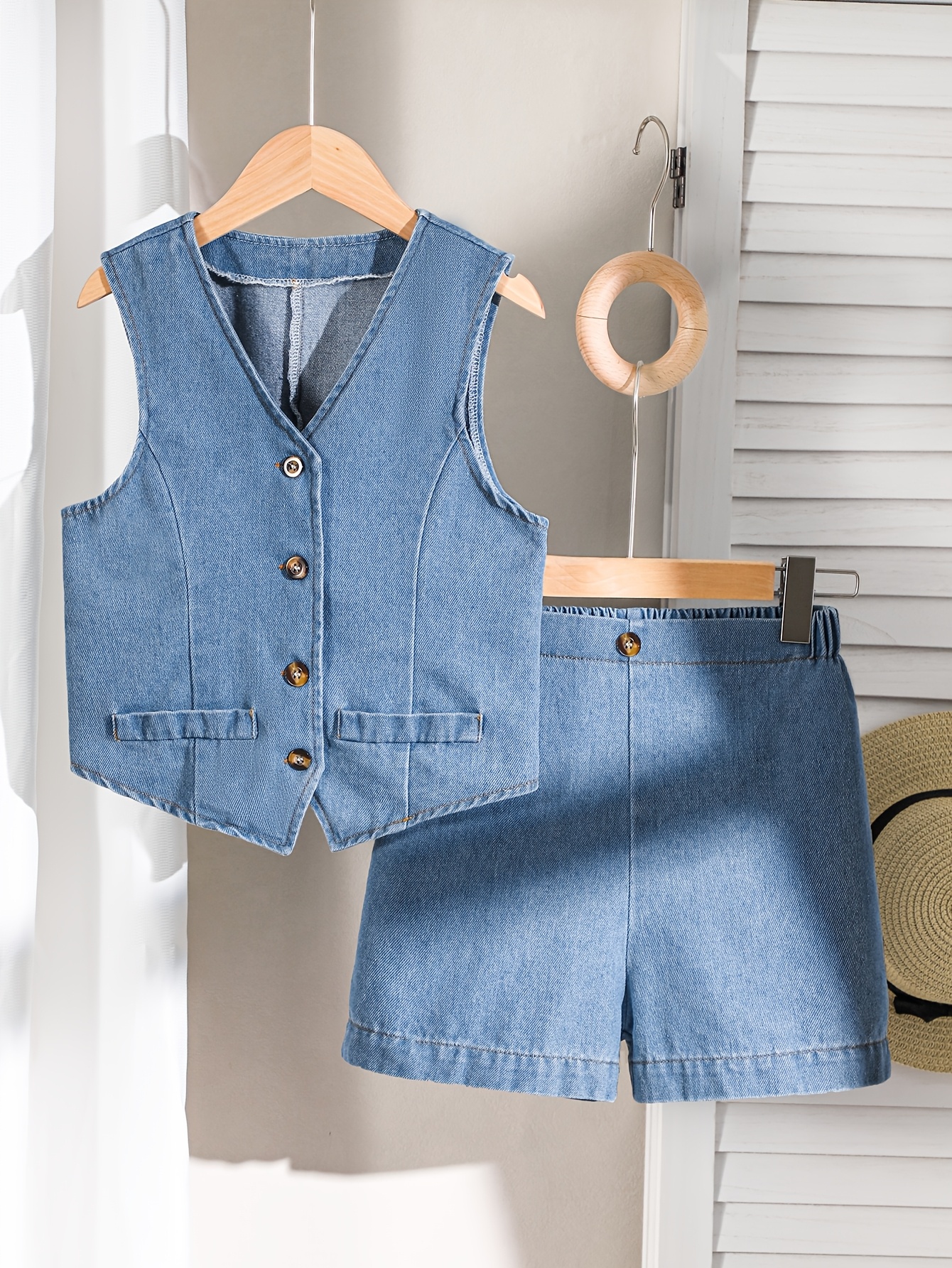 Girls Solid Denim Denim Vest Shorts 2-Piece Set Spring Summer - 图片 2