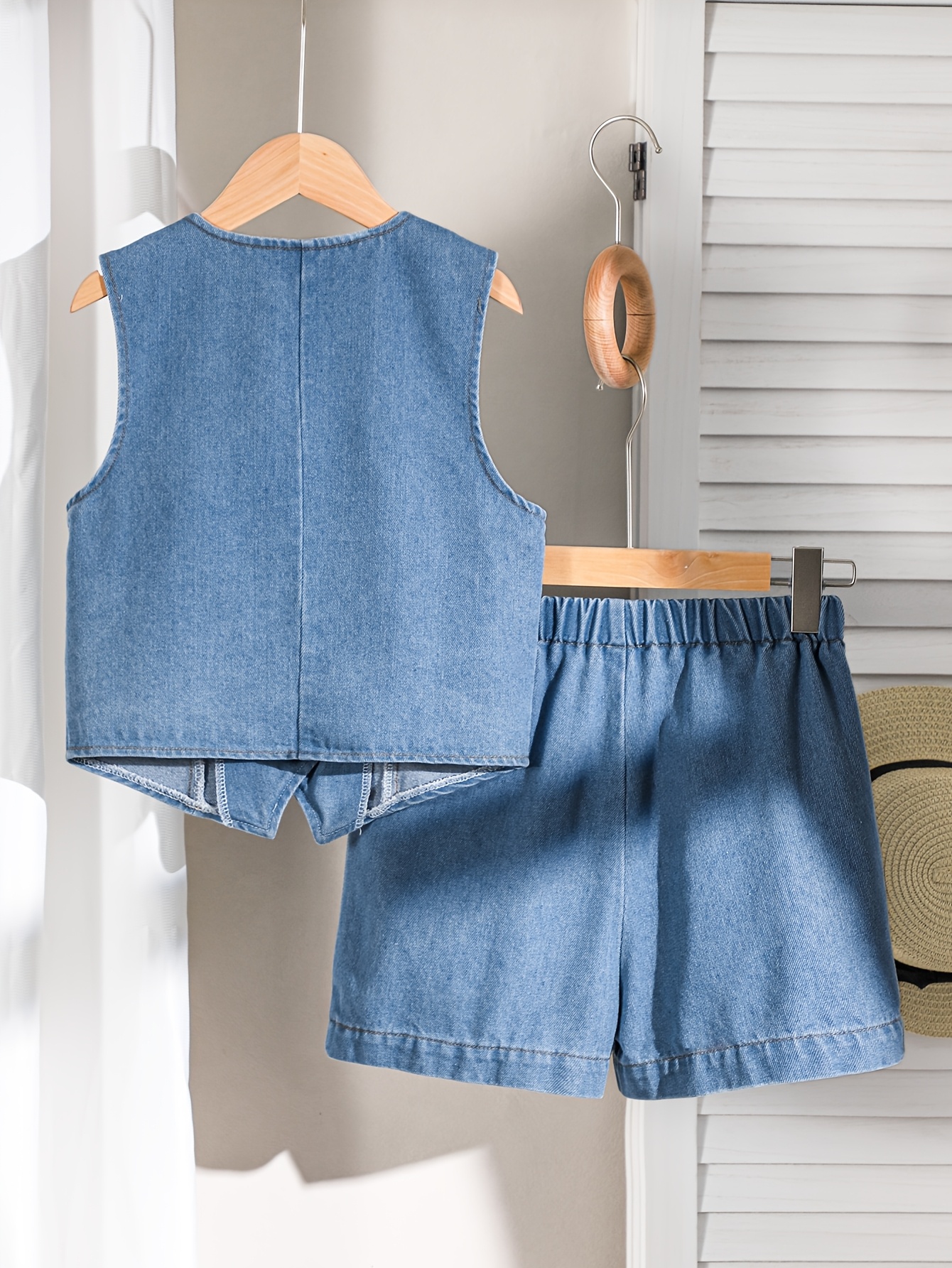 Girls Solid Denim Denim Vest Shorts 2-Piece Set Spring Summer - 图片 3