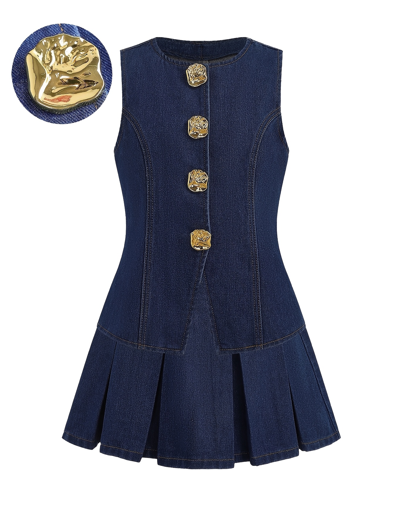Girls Button Preppy Denim Vest Pleated Skirt 2-Piece Set Fall - 图片 2