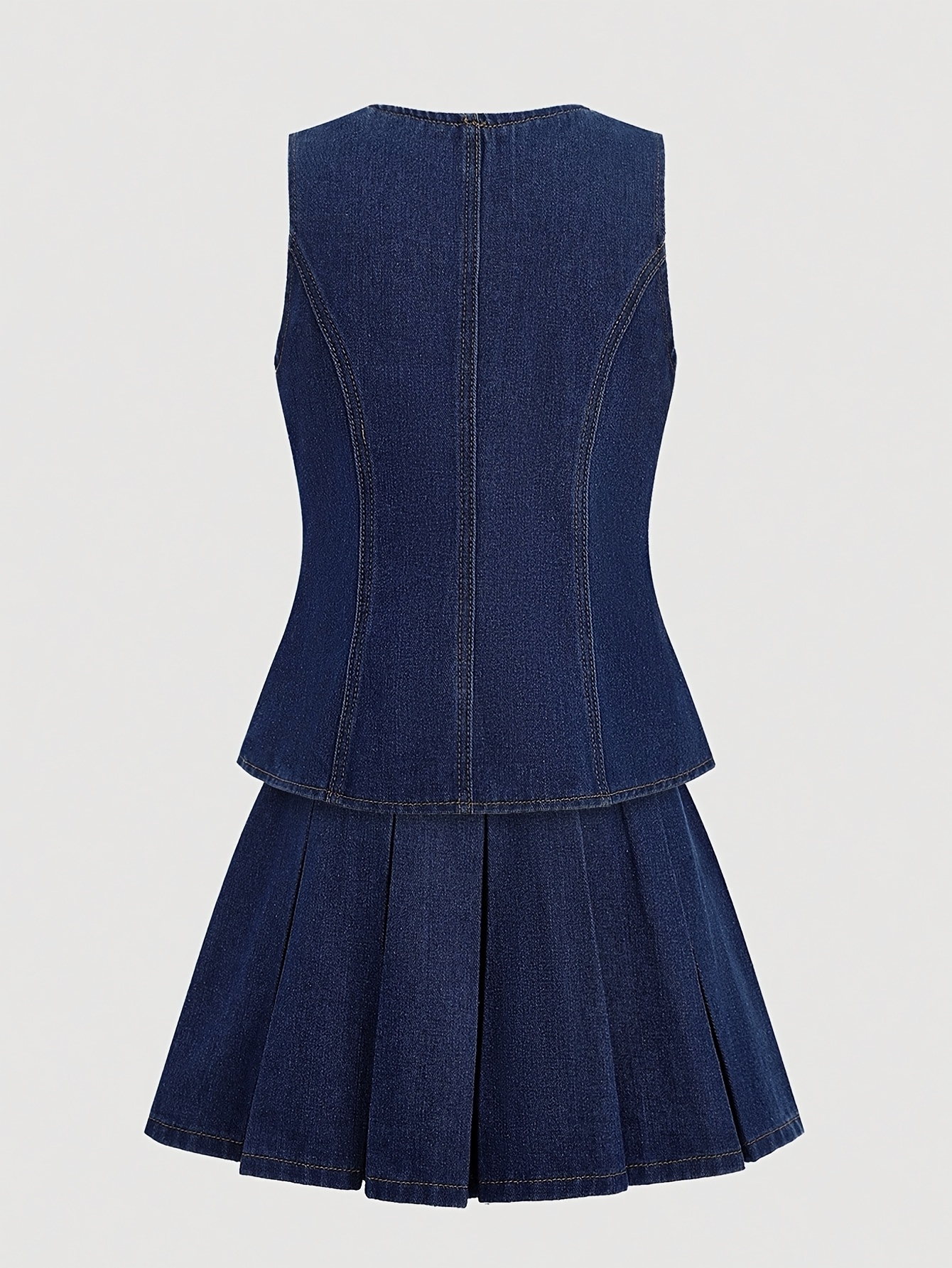 Girls Button Preppy Denim Vest Pleated Skirt 2-Piece Set Fall - 图片 3