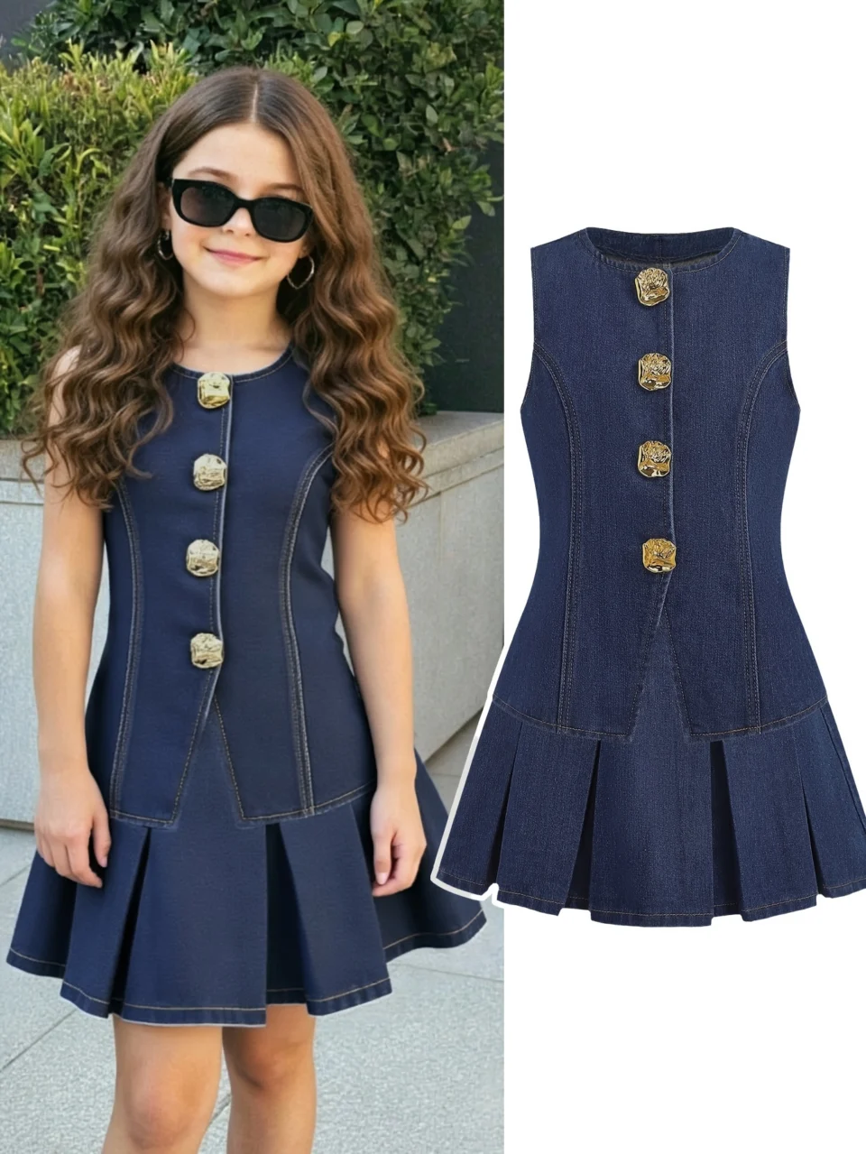 Girls Button Preppy Denim Vest Pleated Skirt 2-Piece Set Fall