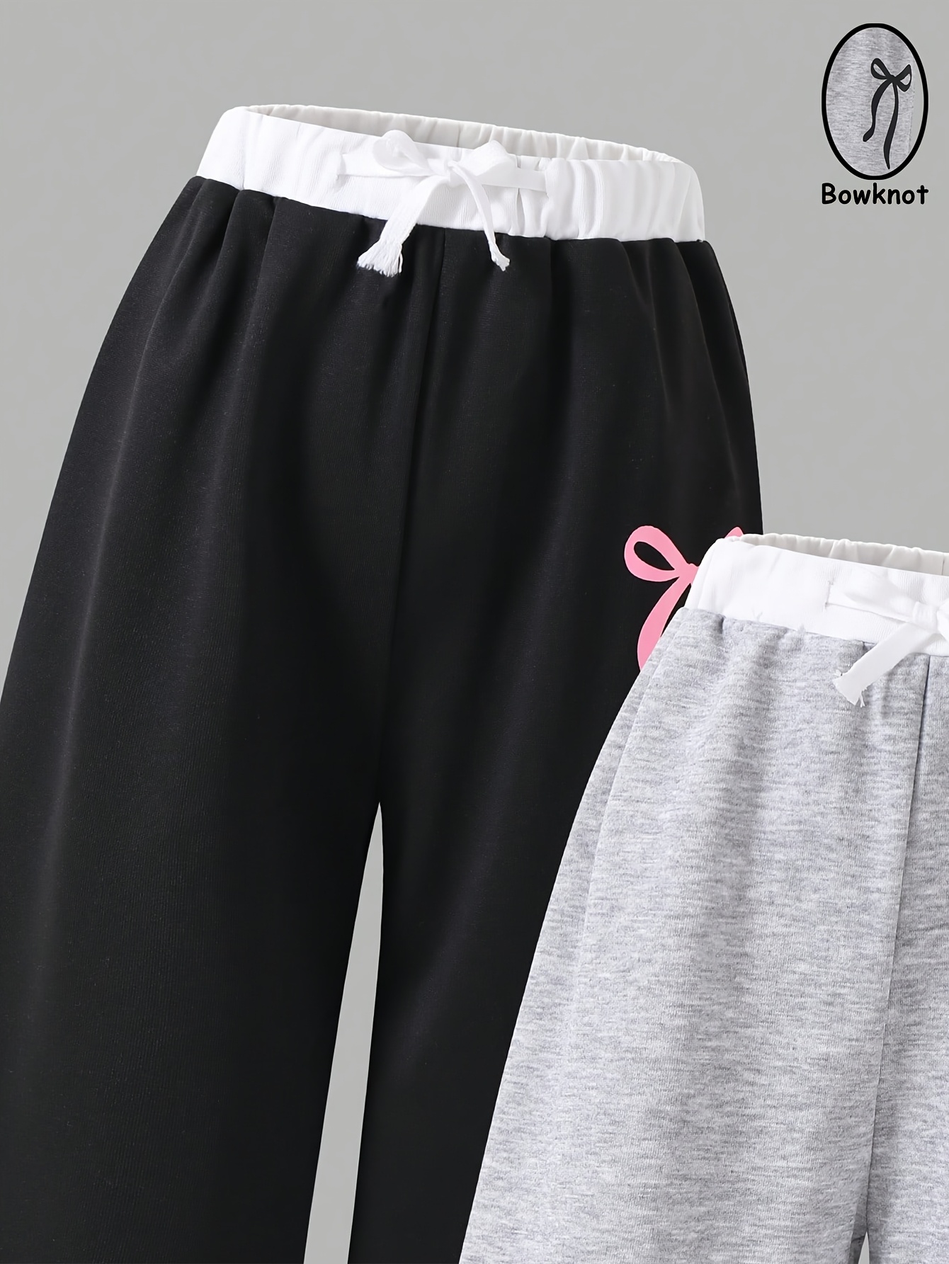 Girls Bow Print Contrast Waist Sweatpants Spring Summer - 图片 3