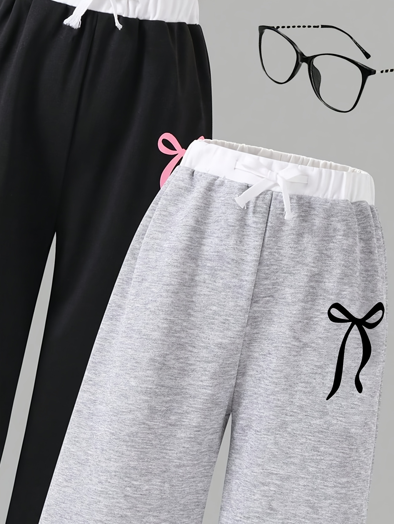 Girls Bow Print Contrast Waist Sweatpants Spring Summer - 图片 5