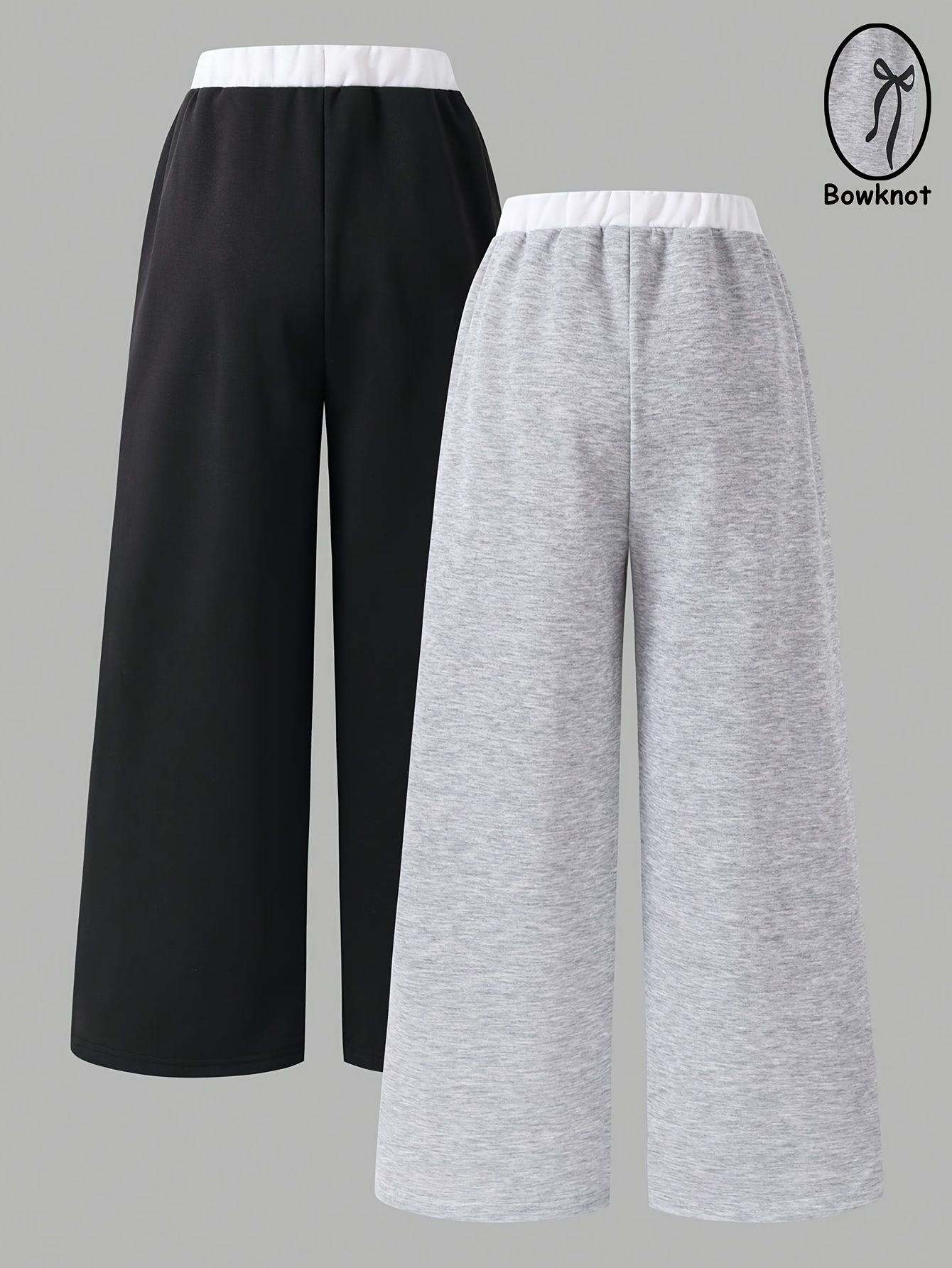 Girls Bow Print Contrast Waist Sweatpants Spring Summer - 图片 2