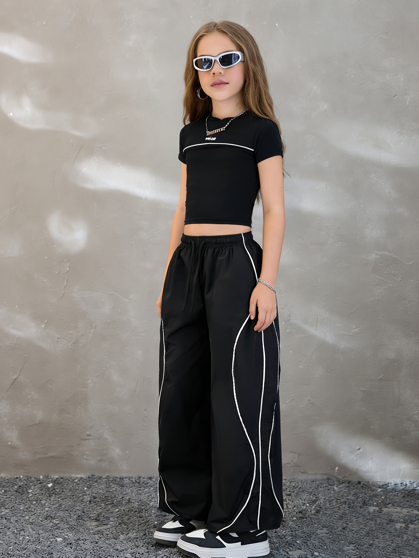 Girls Streetwear Contrast Trim T-Shirt Wide Leg Pants 2-Piece Set Spring Summer - 图片 3