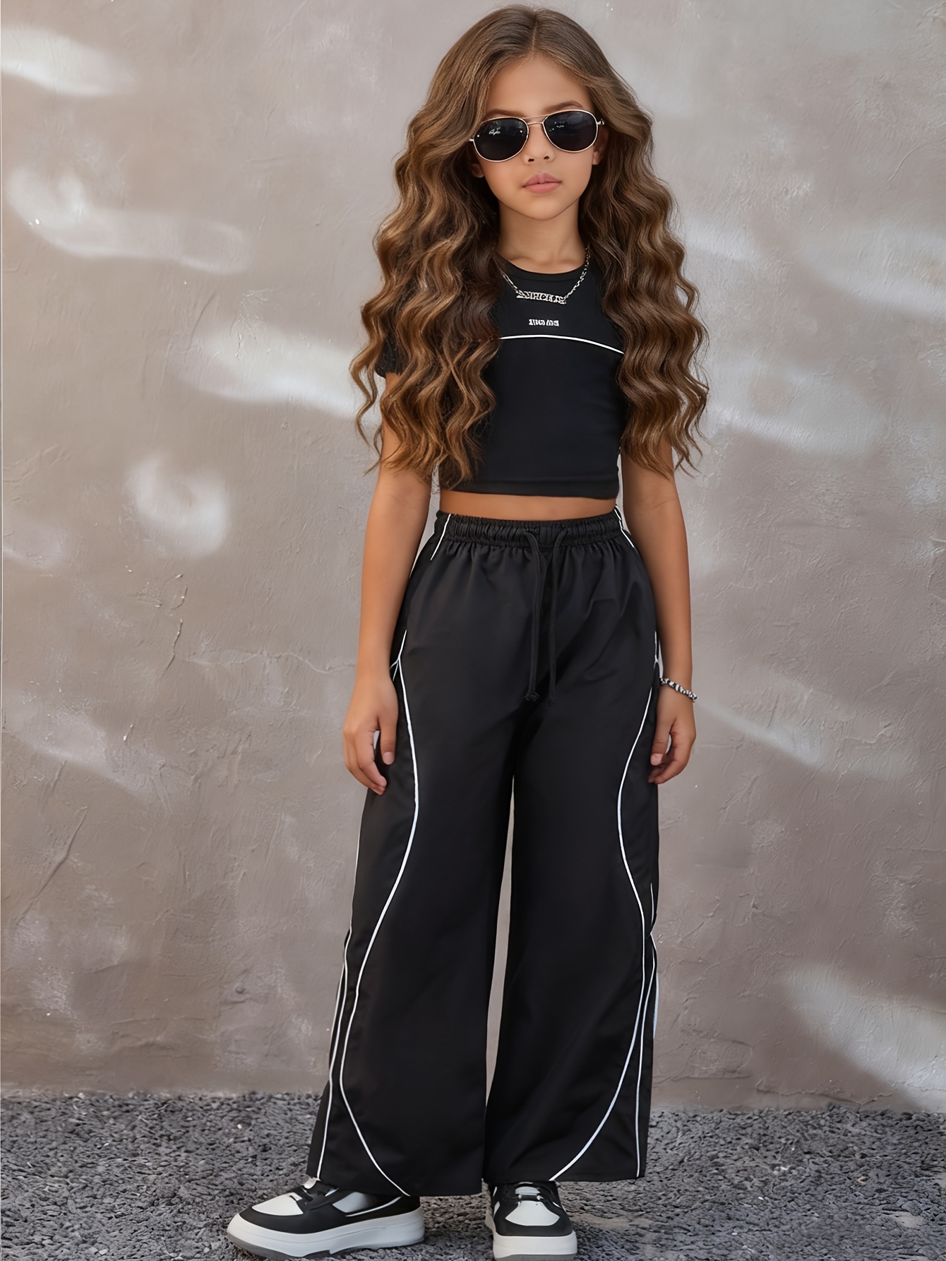 Girls Streetwear Contrast Trim T-Shirt Wide Leg Pants 2-Piece Set Spring Summer - 图片 4