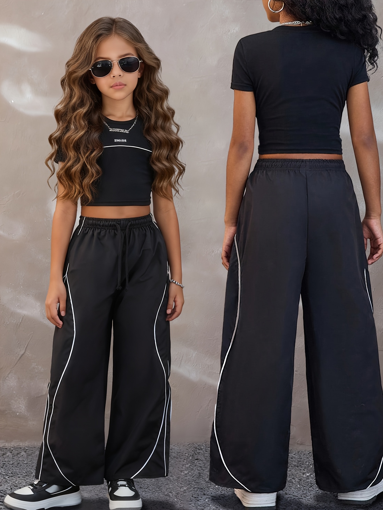 Girls Streetwear Contrast Trim T-Shirt Wide Leg Pants 2-Piece Set Spring Summer - 图片 2