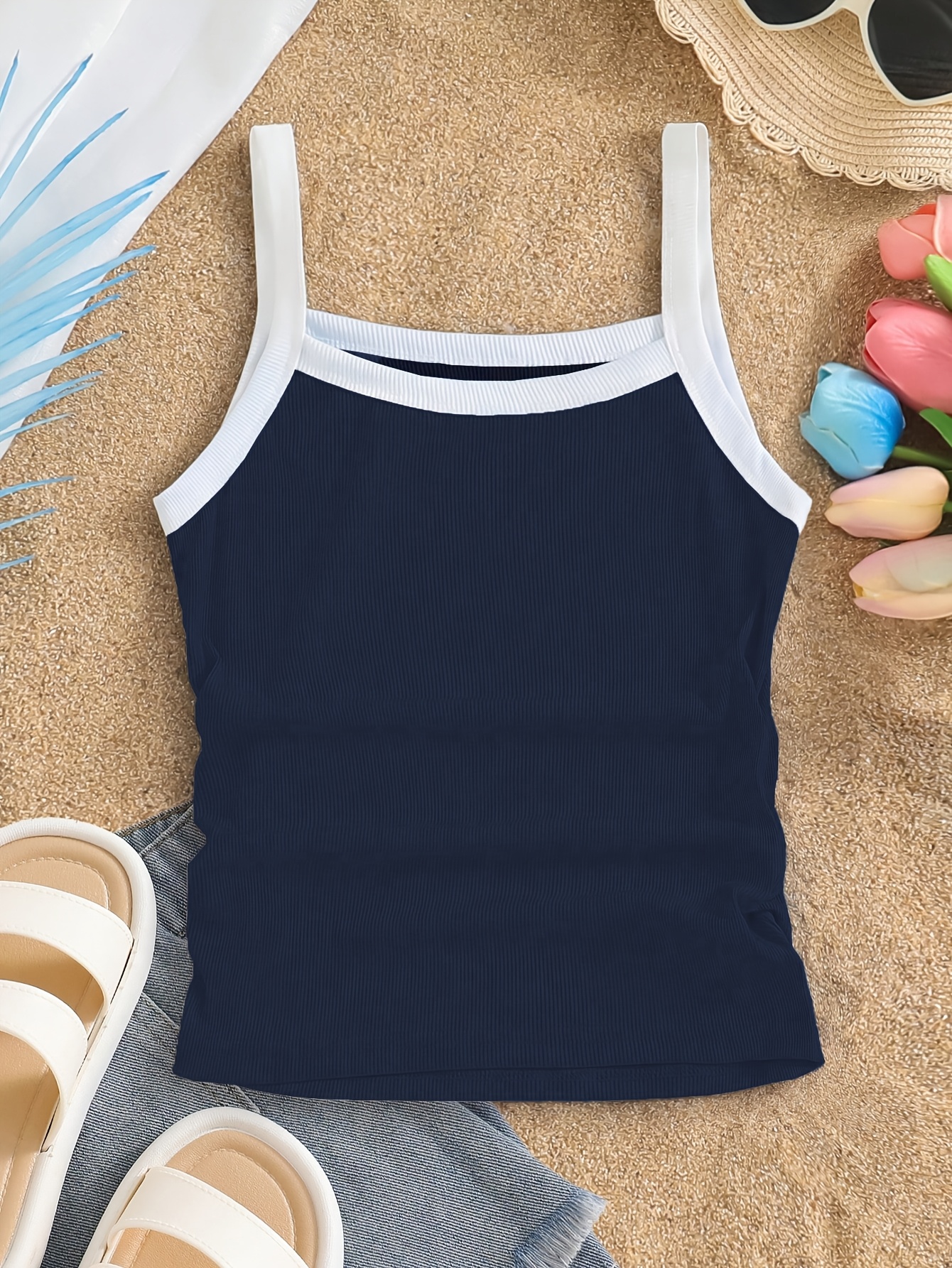 Girls Contrast Trim Ribbed Cami Top Summer - 图片 4