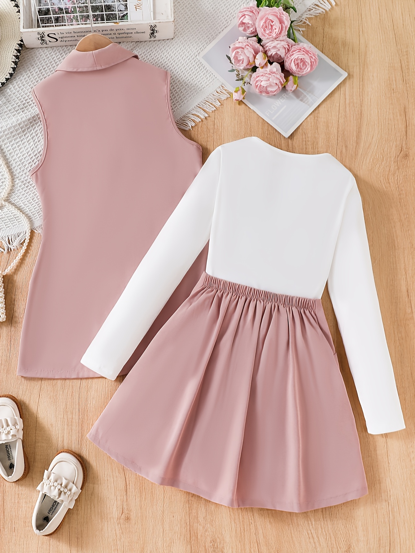 Girls Preppy Solid Blazer Vest Top Skirt 3-Piece Set Fall Winter - 图片 2