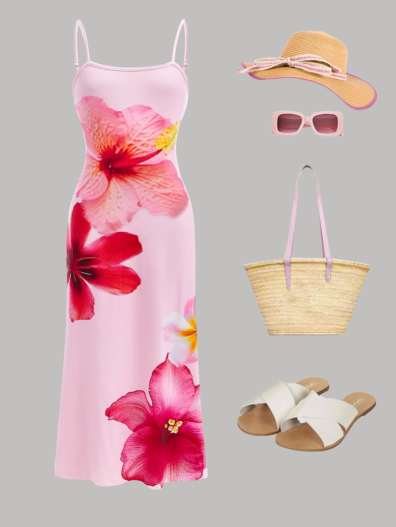 Girls Floral Vacation Style Floral Cami Dress Summer - 图片 2