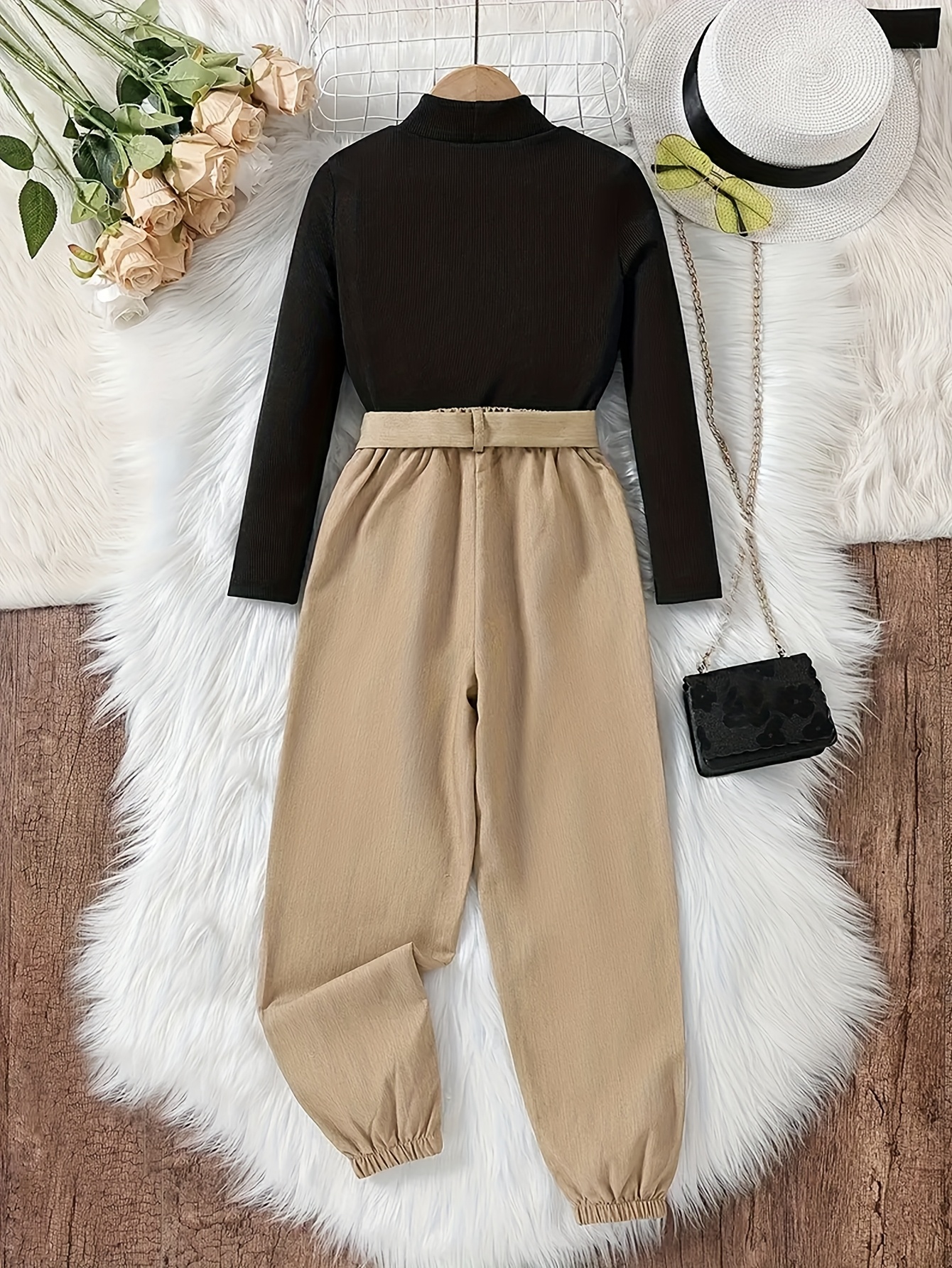 Girls Utility Solid Long Sleeve Top Cargo Pants 2-Piece Set Spring Summer - 图片 2