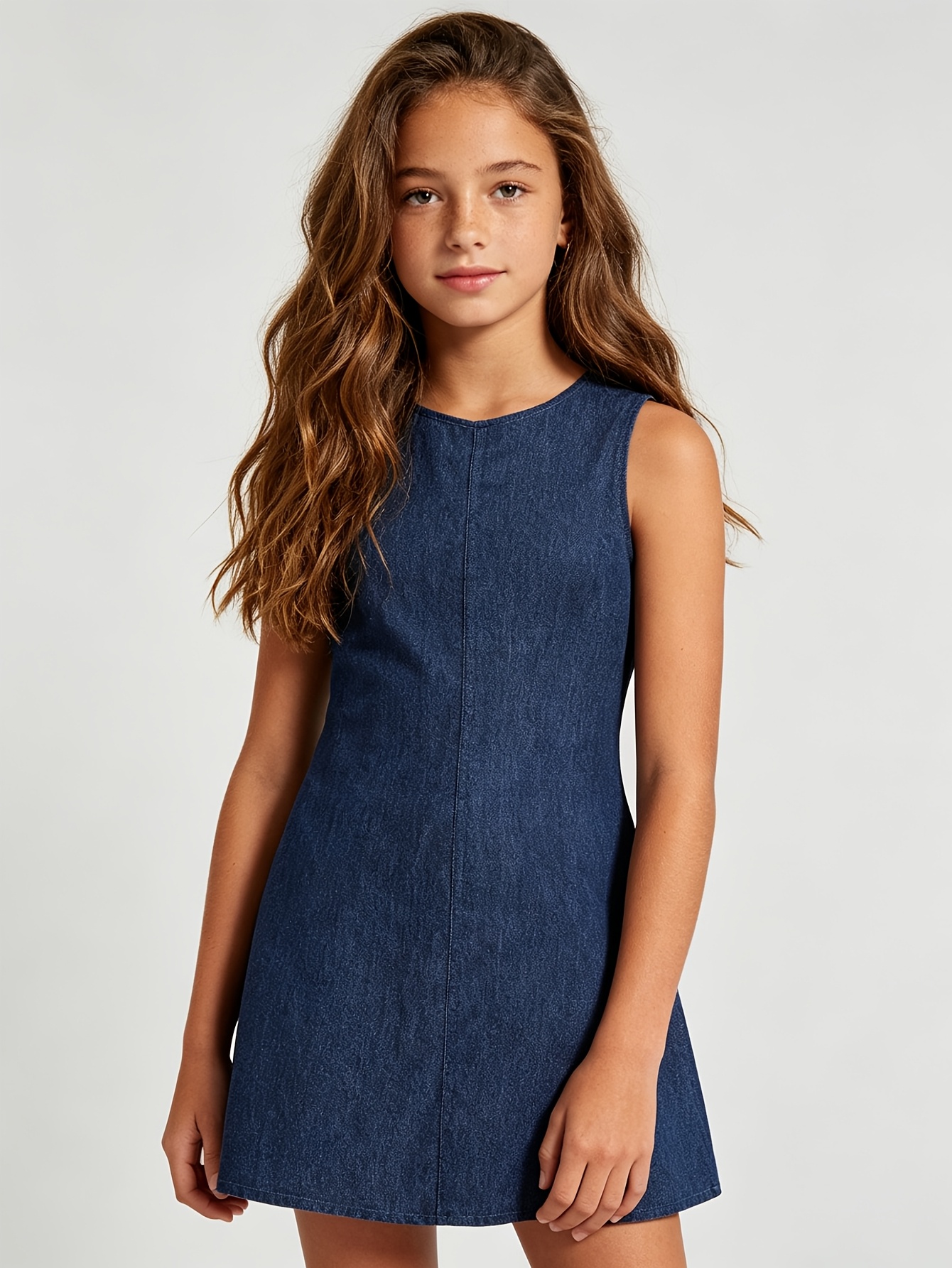 Girls Lace Up Sleeveless Denim Mini Dress Spring Summer - 图片 2