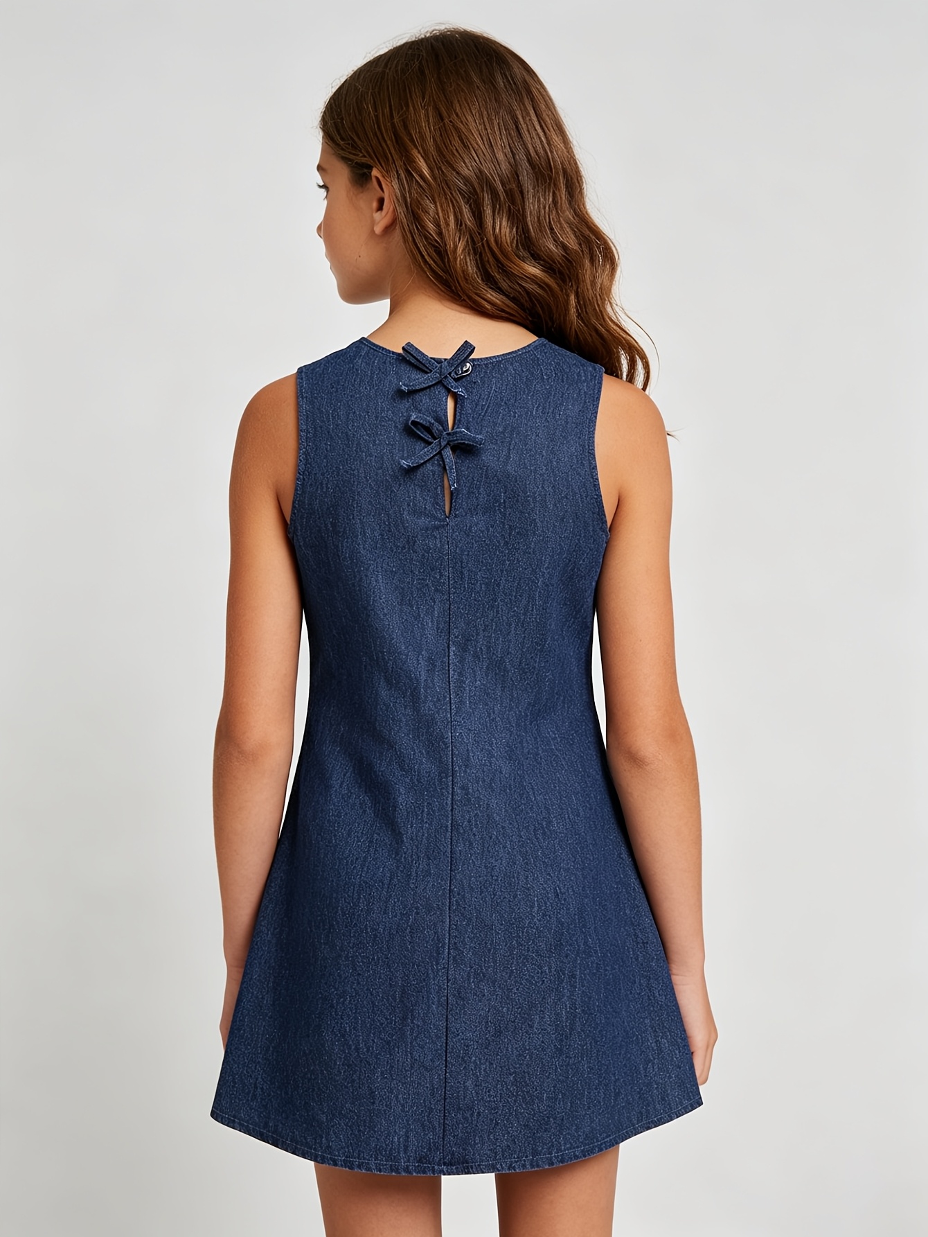 Girls Lace Up Sleeveless Denim Mini Dress Spring Summer - 图片 3