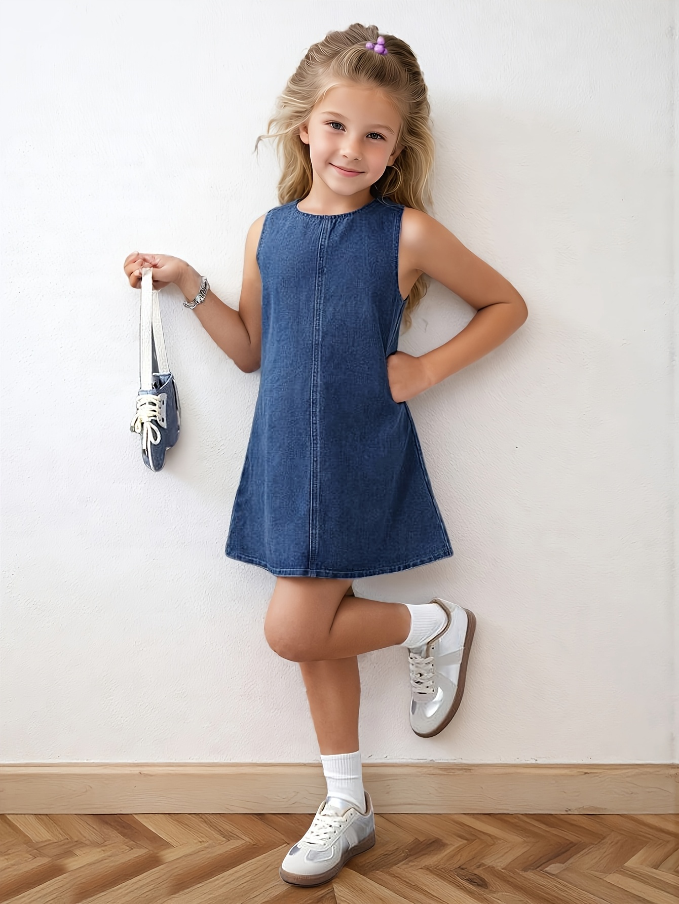 Girls Lace Up Sleeveless Denim Mini Dress Spring Summer - 图片 5